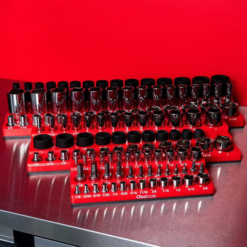 Olsa Tools Magnetic Socket Organizer - 1/4', 3/8' & 1/2-Inch Drive SAE Socket Holder Set - Professional Tool Holder and Organizer - Stores up to 123 Sockets - Red - Part: 1560
