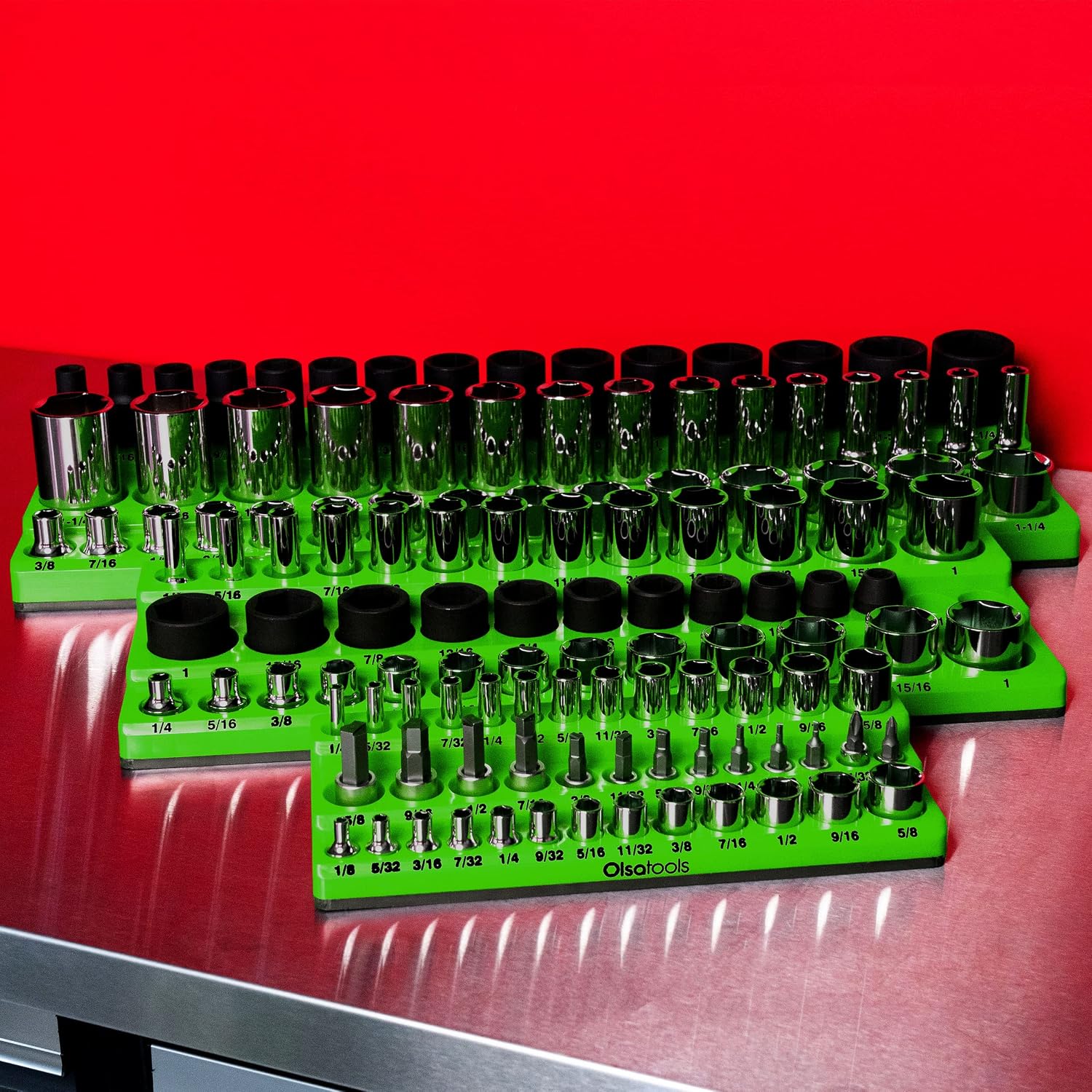 Olsa Tools Magnetic Socket Organizer - 1/4', 3/8' & 1/2-Inch Drive SAE Socket Holder Set - Professional Tool Holder and Organizer - Stores up to 123 Sockets - Green - Part: 1561