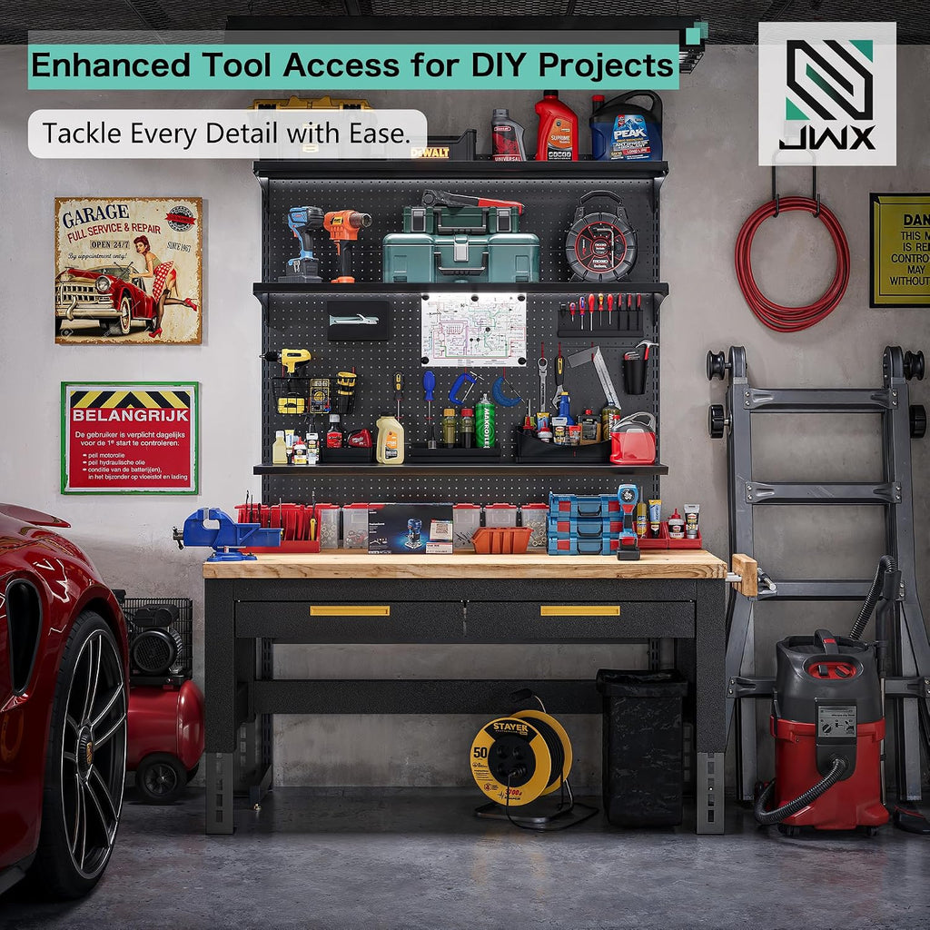 JWX DDB Gaming Standing Shelf Units, 30'' Free Standing Gaming Shelf Pegboard Cabinet with Home Office Metal Pegboard and 15 Pieces Organizer Tool Holders