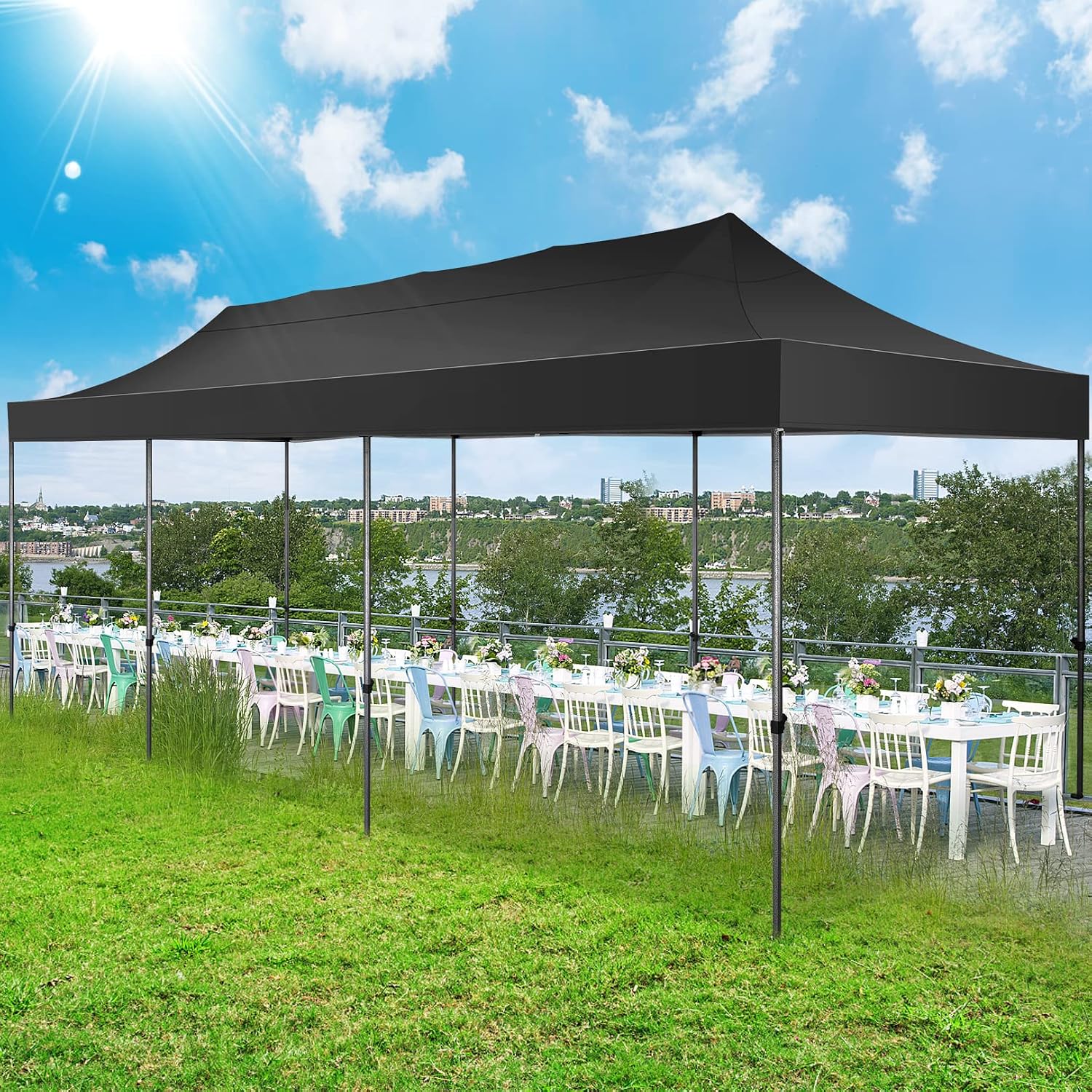 COBIZI 10x30 Pop up Canopy Tent 10x30 Canopy No Sidewall Waterproof Heavy Duty Commercial for Parties Outdoor Garden Gazebo Tent, Carry Bag with Wheel(10x30ft No Sidewalls, Black)