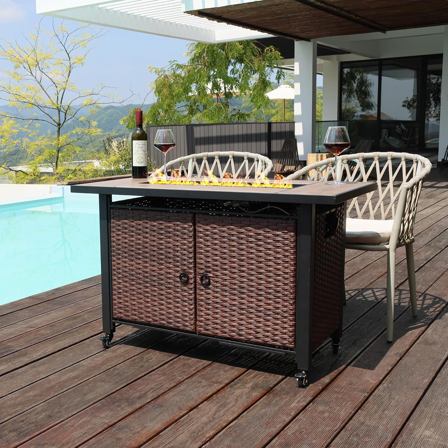 43 Inch Outdoor Fire Table with Ceramic Tile Tabletop Propane Fire Pit Table 60,000 BTU Gas FirePit CSA Certified Wicker Rattan Fire Table with Lid Glass Rock Wheels Waterproof Cover Gloves