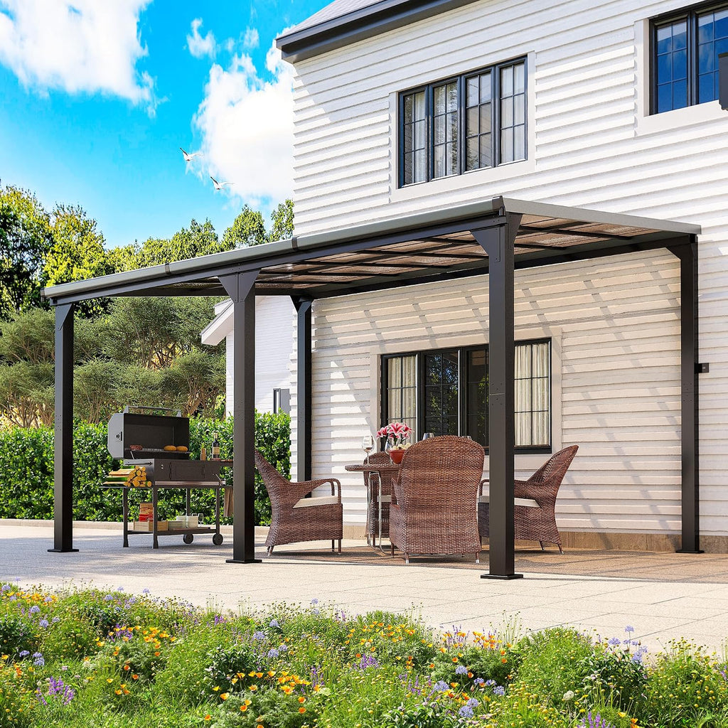 Pamapic 10 * 14FT Pergola,4 * 4 Inch Thickened Pillars & Enlarged Base,Outdoor Hardtop Lean to Gazebo,Wall Mounted Pergola,Pergolas Gazebos Clearance,Aluminum Frame Pergola,UV Resistant Patio Roof