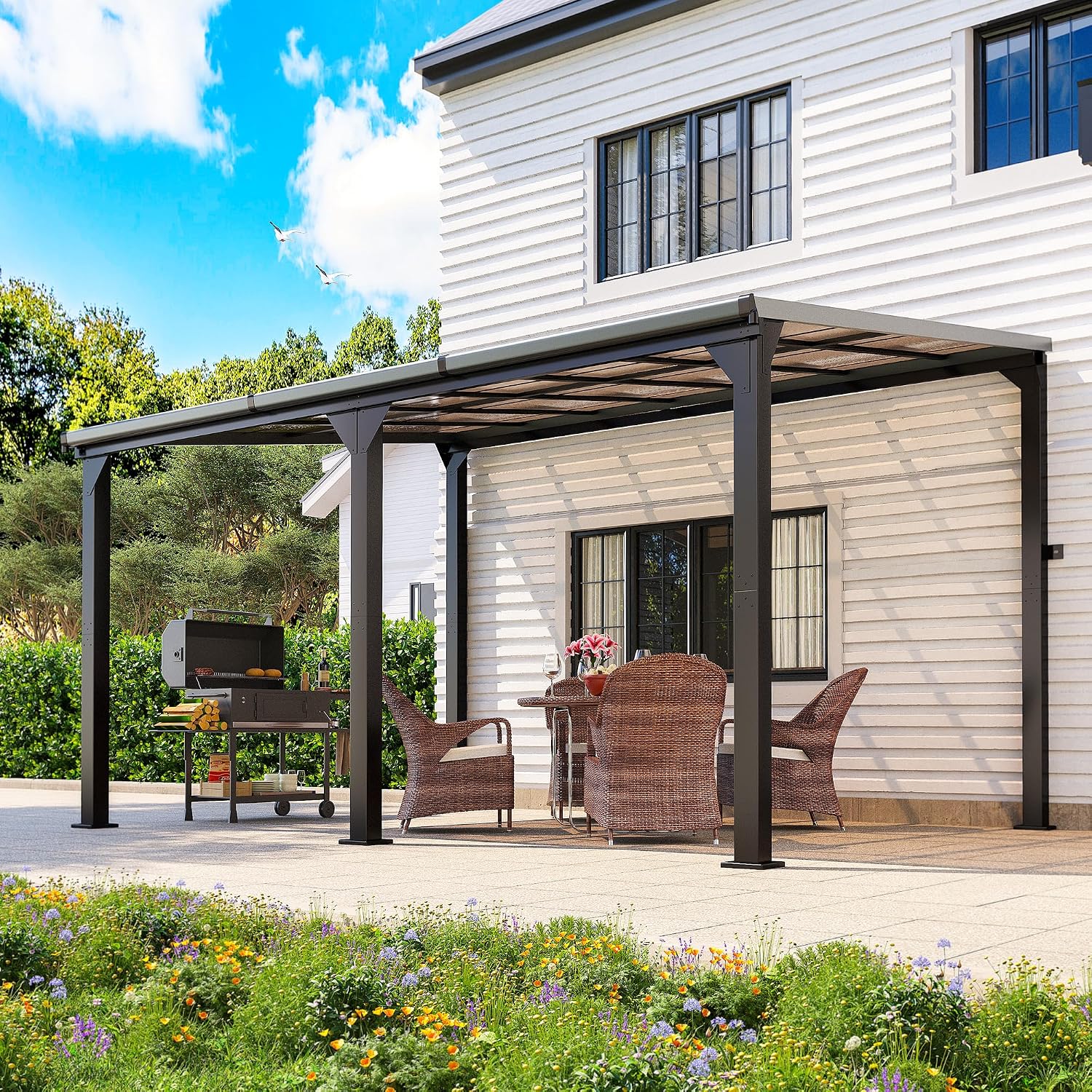 Pamapic 10 * 14FT Pergola,4 * 4 Inch Thickened Pillars & Enlarged Base,Outdoor Hardtop Lean to Gazebo,Wall Mounted Pergola,Pergolas Gazebos Clearance,Aluminum Frame Pergola,UV Resistant Patio Roof
