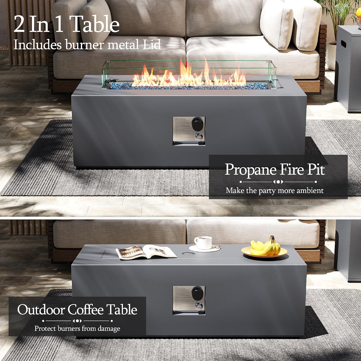 UPHA 42-inch Outdoor Propane Gas Fire Pit Table 50000 BTU Iron Rectangle Firepit for Outside Patio with Tank Hidden Table, Wind Guard, Removable Lid, Blue Glass Rocks, Rain Cover, Grey