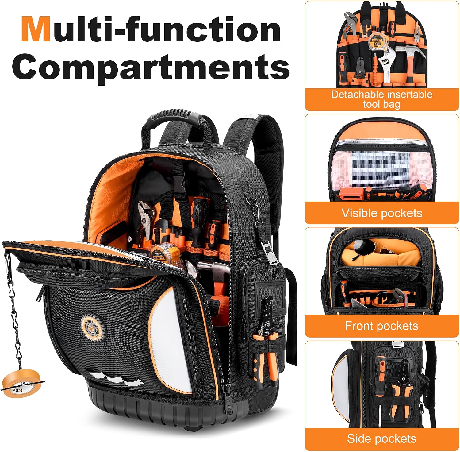 Backpack Tool Bag with Wheel, Rolling Tool Backpack for Electrician Heavy Duty Roller Tool Bag on Wheel for Construction Work, 75 Pockets & Loops Tool Backpack with Molded Base and Combination Lock
