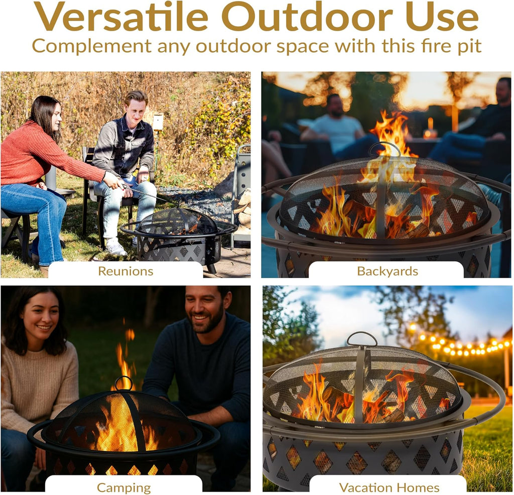Sunnydaze Crossweave Outdoor Fire Pit - Wood-Burning Fire Pit for Outside with Spark Screen, Poker and Round Cover - 30-Inch - Black