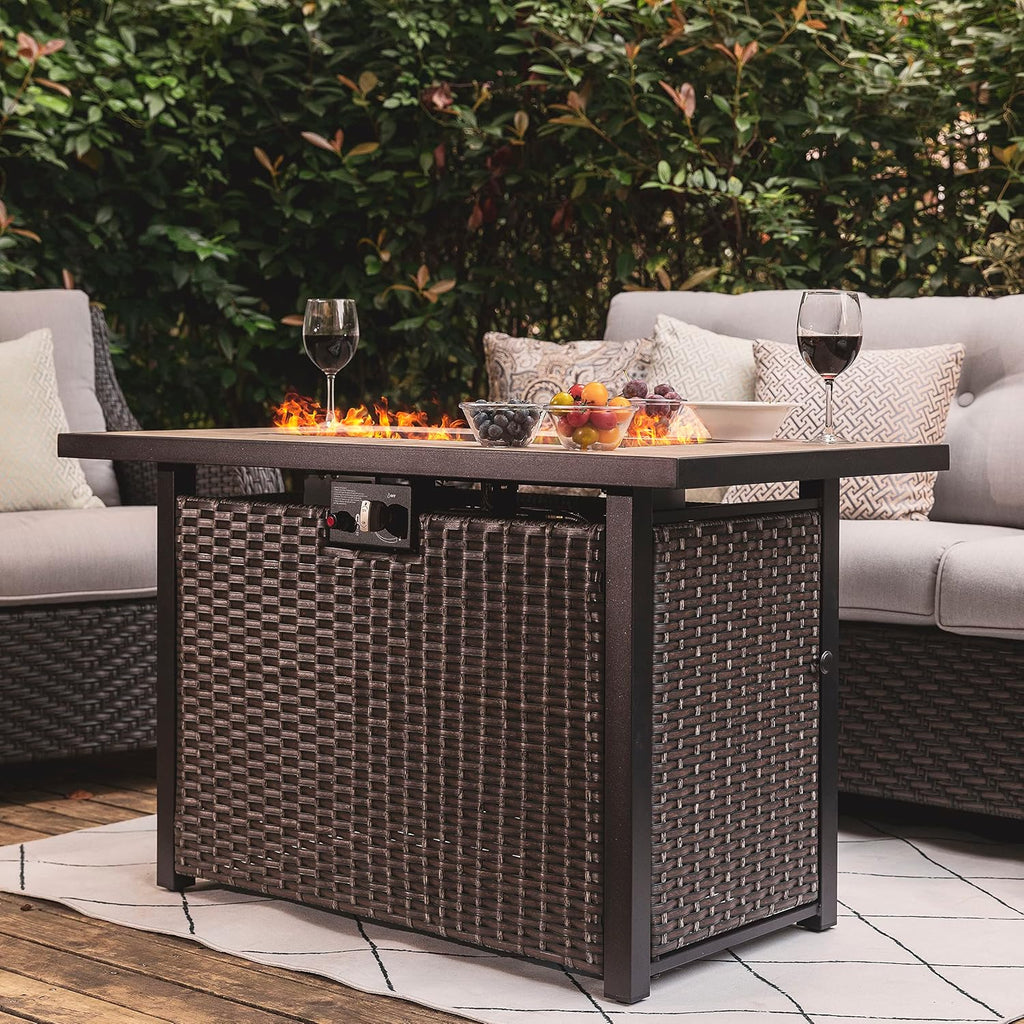 Nuu Garden Propane Fire Pit Table, CSA Certified 43 Inch 50,000 BTU Outdoor Gas Fire Pit Table with Ceramic Tabletop, 7 lbs Glass Stone and Oxford Cover, Dark Brown and Coffee