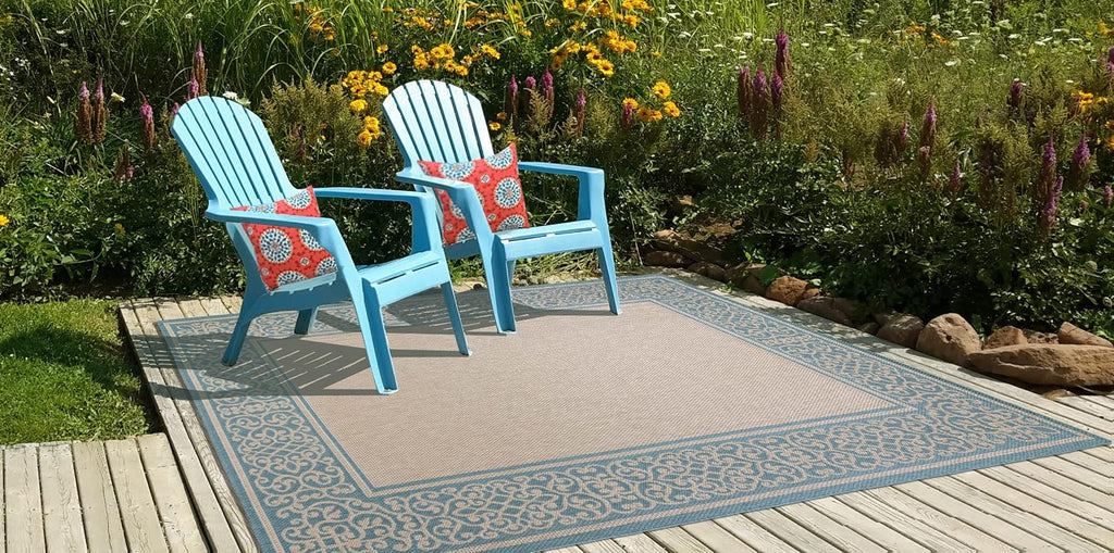 Gertmenian Indoor/Outdoor Flatweave Area Rug - 6x9 Medium, Stain & UV Resistant, Ideal For Deck, Patio, Poolside, Mudroom - Abstract Border, Aqua Blue Cyan, 22965