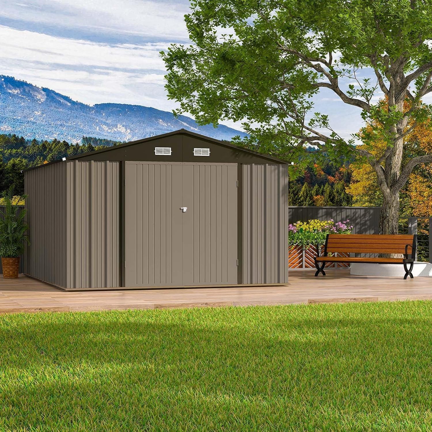 Outdoor Storage Shed,10x12 Ft Large Metal Storage Sheds,Galvanized Steel Garden Sheds with Sloping Roof and Lockable Door,Garden Tool Shed for Backyard Patio Lawn, Brown