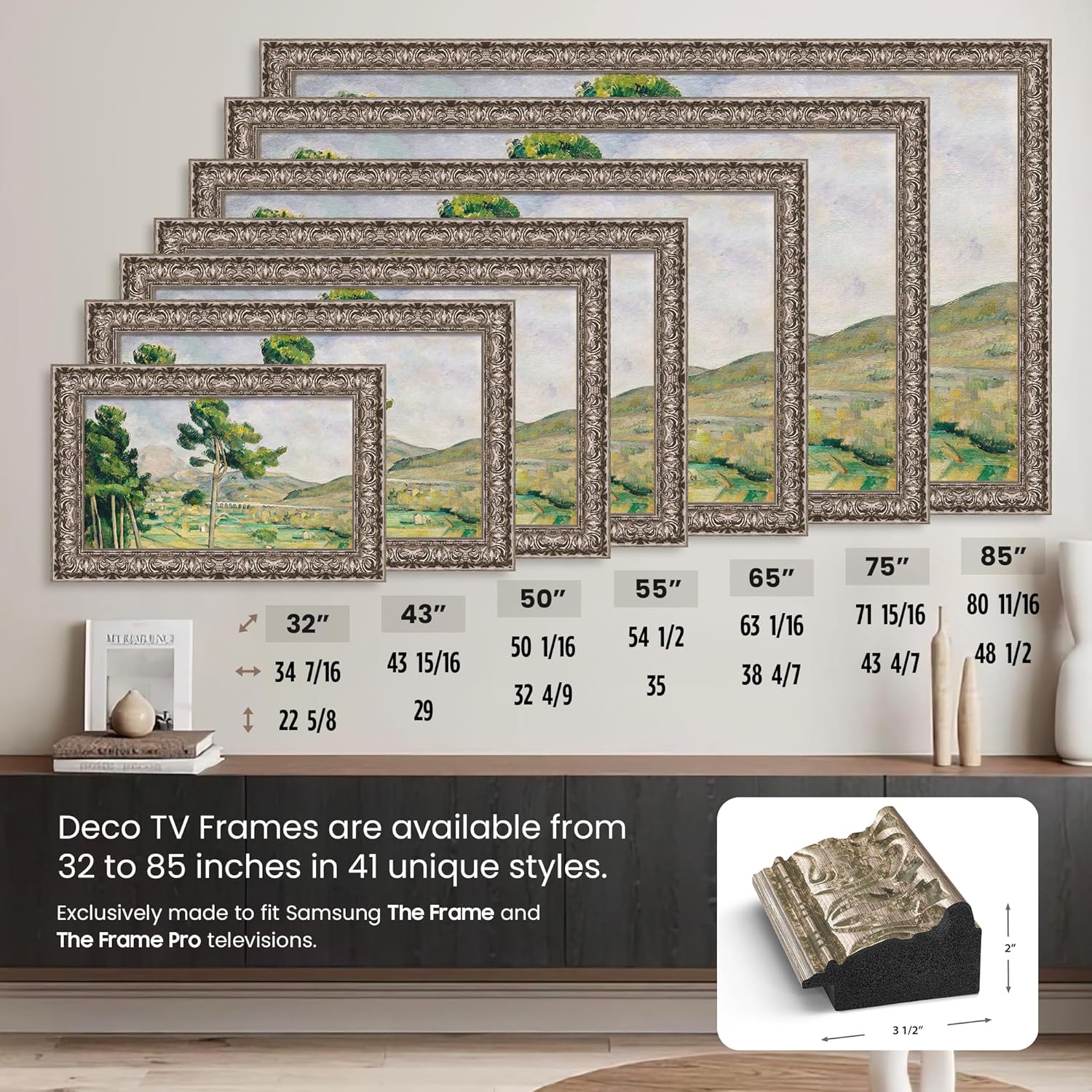 Tuscan Silver 85' Premiere Deco TV Frame - Compatible ONLY with Samsung The Frame TV and Pro TVs (Fits 2021-2026, LS03A, LS03B,LS03C,LS03D,LS03FA,LS03FW)