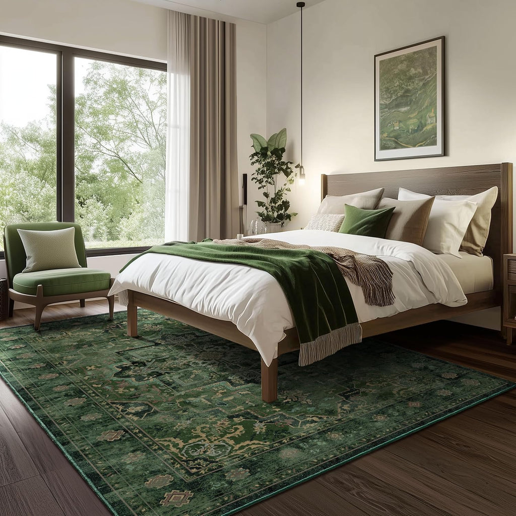 Green Large Area Rugs 10x12, Living Room Bedroom Carpet Extra Large Size Washable Non Slip, Vintage Distressed Medallio Low Pile Thin Rug for Big Dining Room
