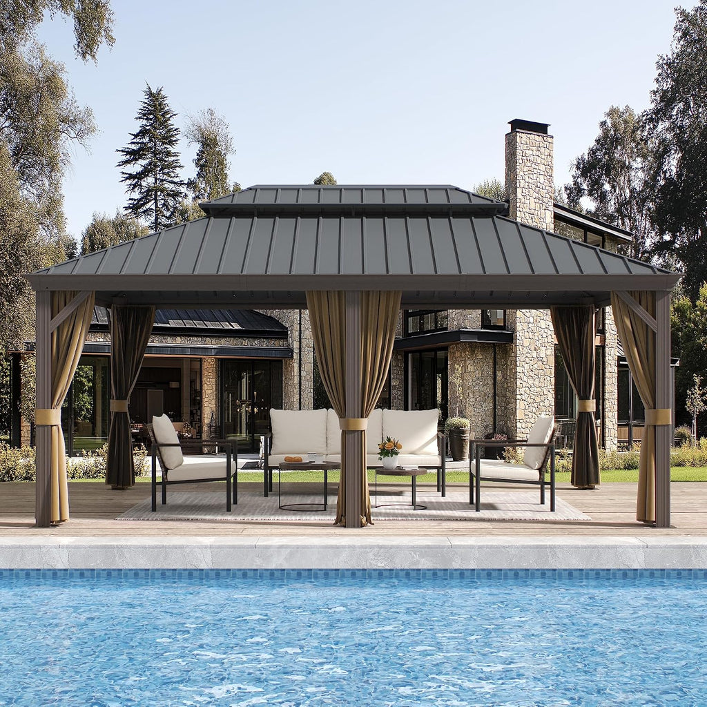 12'x18' Hardtop Gazebo with Netting and Curtains, Outdoor Aluminum Frame Pergola, Heavy Duty Metal Double Roof of Galvanized Steel Pavilion for Patio, Backyard, Deck, Lawns