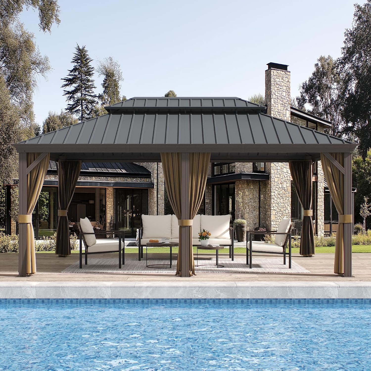 12'x18' Hardtop Gazebo with Netting and Curtains, Outdoor Aluminum Frame Pergola, Heavy Duty Metal Double Roof of Galvanized Steel Pavilion for Patio, Backyard, Deck, Lawns