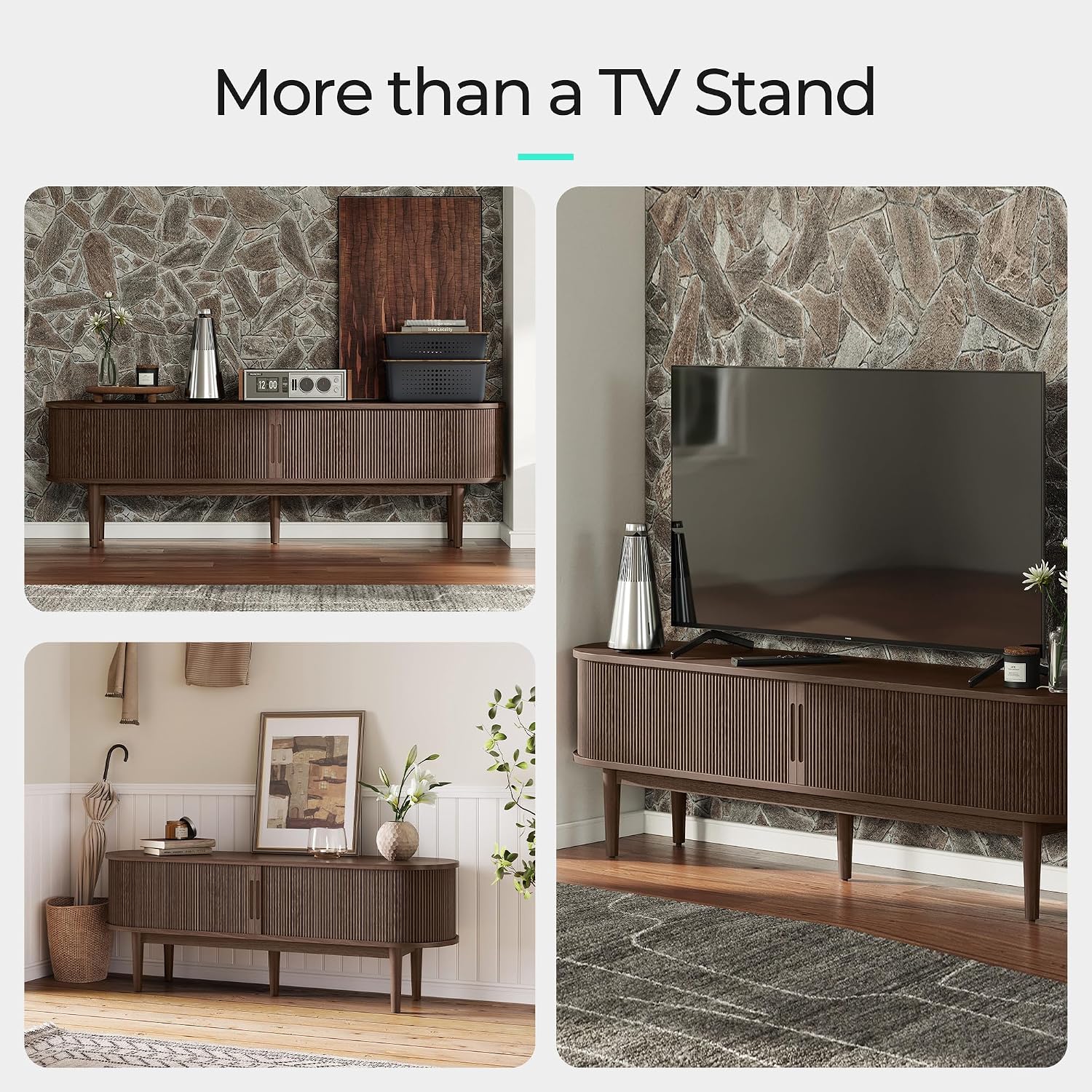 LINSY HOME 58' Fluted TV Stand for TVs up to 65 Inch, Mid Century Modern Entertainment Center with Storage Cabinet and Sliding Doors, Farmhouse Wood Media TV Console for Living Room, Bedroom, Walnut