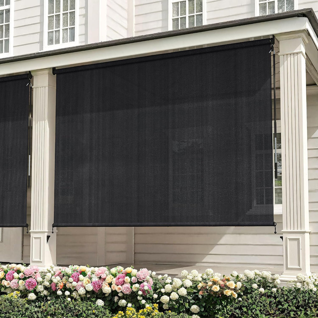 VICLLAX Outdoor Cordless Roller Shade 9' W x 8' H, Patio Shade Roll Up Outdoor Blinds for Front Porch, Graphite Black