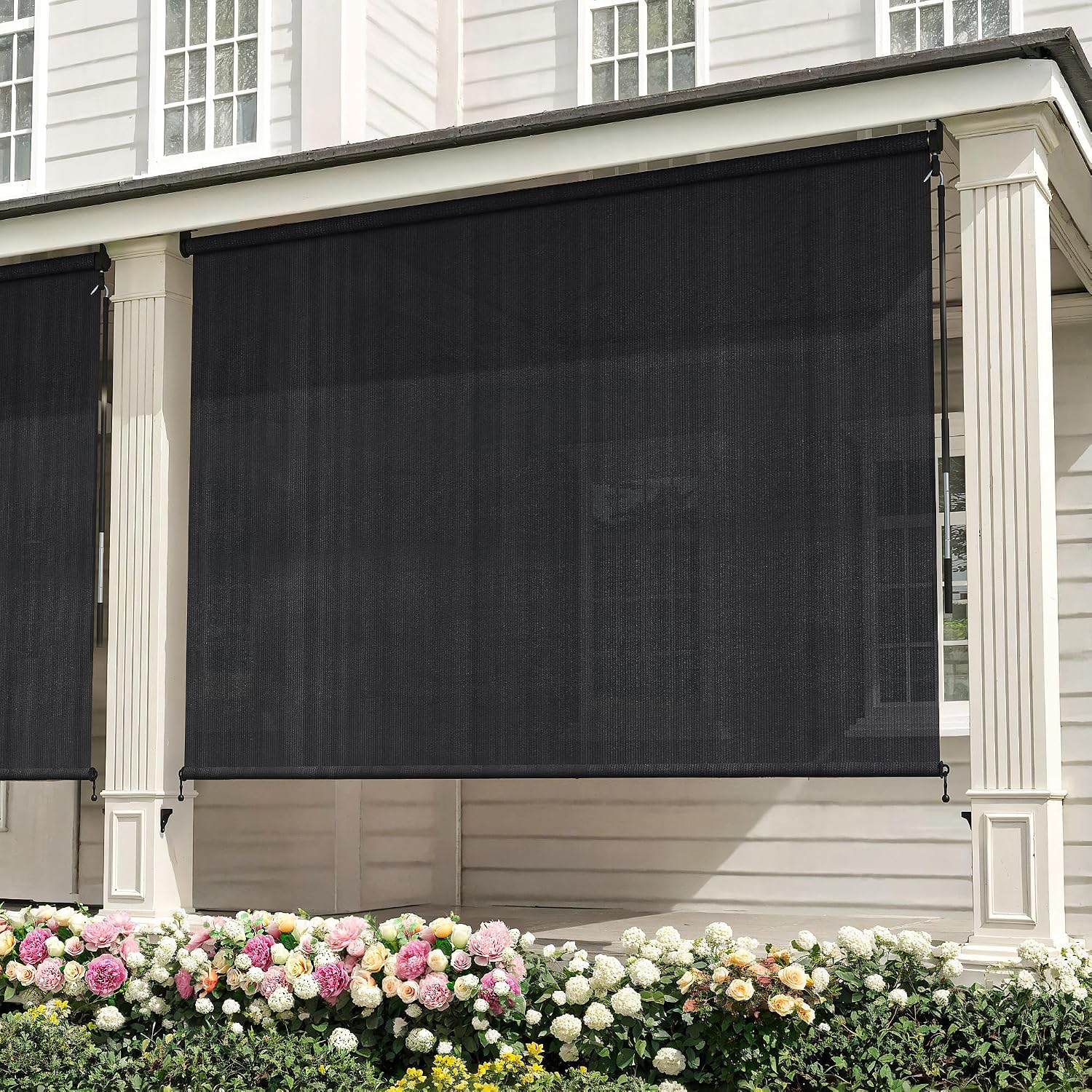 VICLLAX Outdoor Cordless Roller Shade 9' W x 8' H, Patio Shade Roll Up Outdoor Blinds for Front Porch, Graphite Black