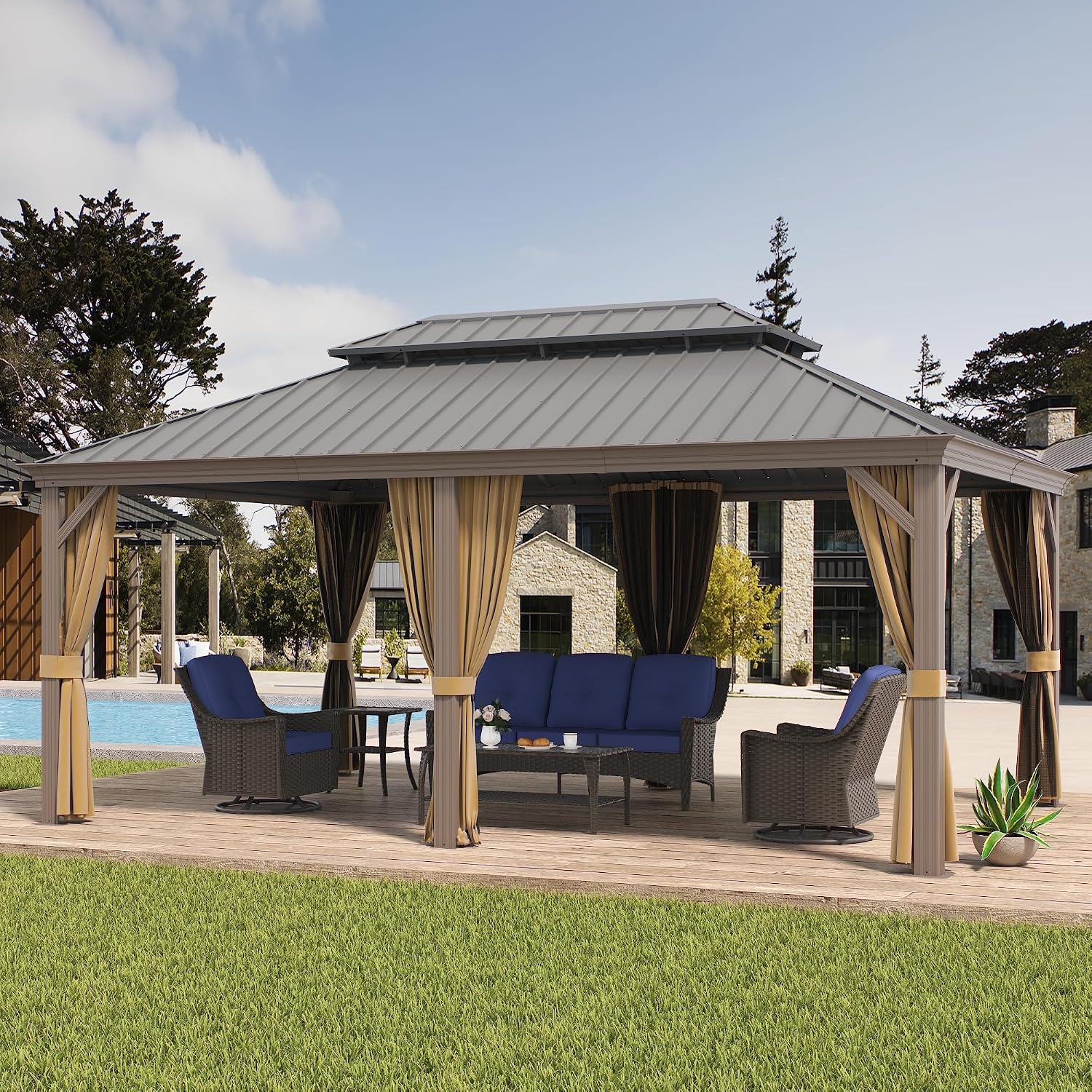 12'x18' Hardtop Gazebo with Netting and Curtains, Outdoor Aluminum Frame Pergola, Heavy Duty Metal Double Roof of Galvanized Steel Pavilion for Patio, Backyard, Deck, Lawns