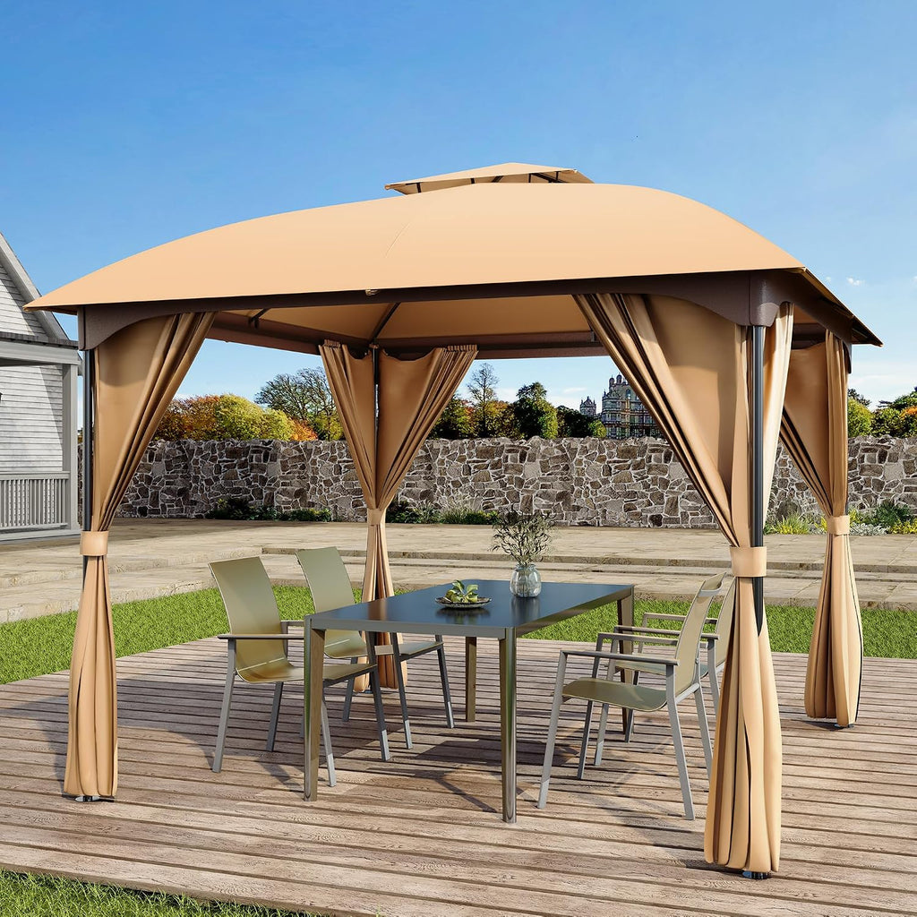 LAUSAINT HOME 10'x10' Patio Curved Gazebo Outdoor Canopy Tent, 2025 Party Tent Shelter with Expansion Bolts and Wind-Resistant Ropes for Patios, Garden, Backyard and Lawn, Khaki