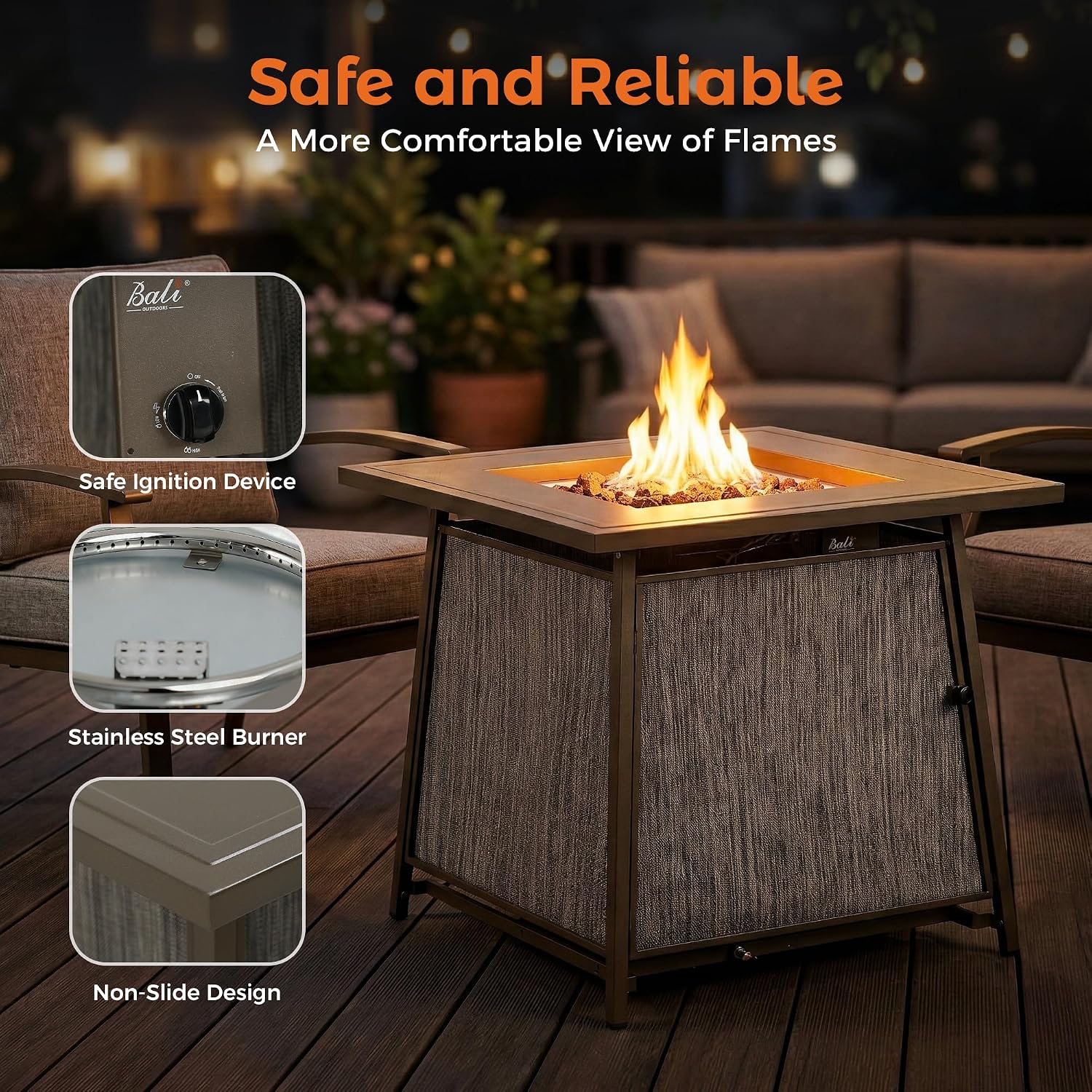 BALI OUTDOORS 50,000 BTU Propane Fire Pit Outdoor, 28 inch Propane Fire Pit Table Square, Gas Firepits for Outside Patio, Garden, Backyard