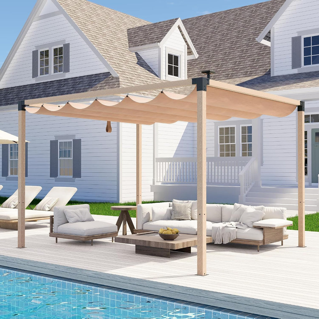 10'x12' Outdoor Pergola with Solar LED Lights,Waterproof & UPF 50+ UV-Resistant Retractable Sun Shade Canopy, Wood-Grain Aluminum Frame for Backyard, Garden, Deck, Poolside