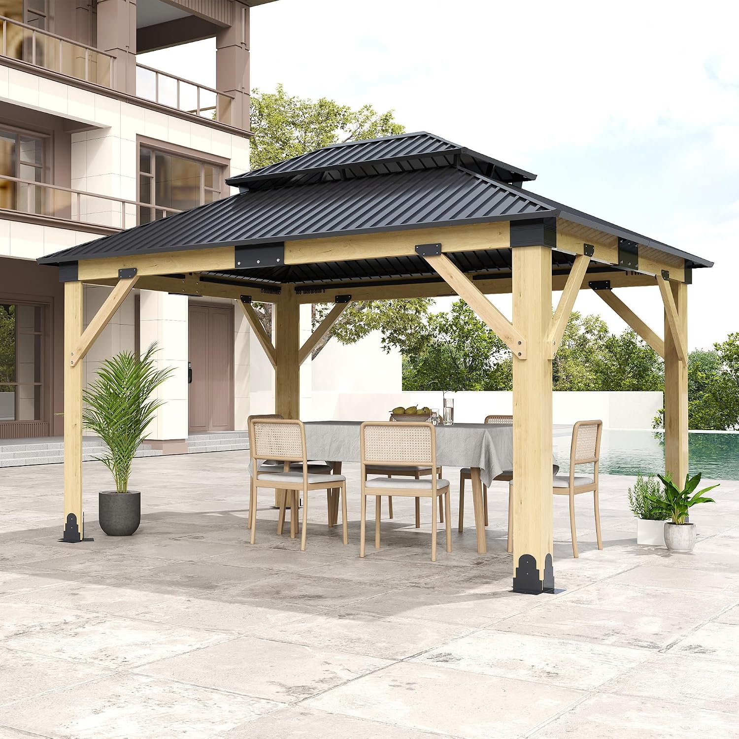 Hartdtop Wood Gazebo 11'x13', Cedar Wooden Gazebos, Outdoor Gazebo with Waterproof Steel Roof, Fit Patio, Backyard, Garden, Lawns, Porch