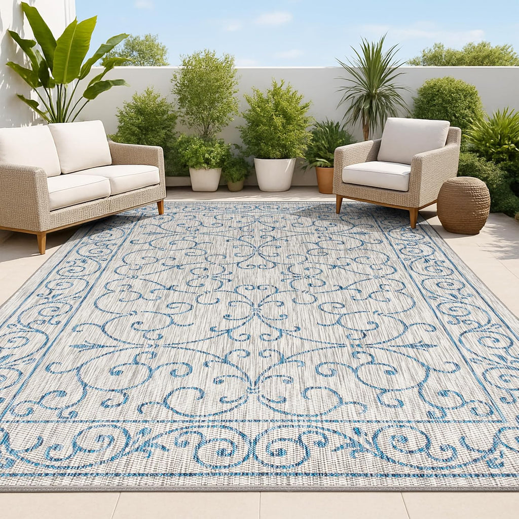 JONATHAN Y Vintage Filigree Indoor Outdoor Area Rug 8X10 Gray/Navy, Charleston Textured Weave for Backyard, Patio, Porch, Easy-Cleaning, High Traffic, Pet-Friendly, Non-Shedding (SMB106C-8)