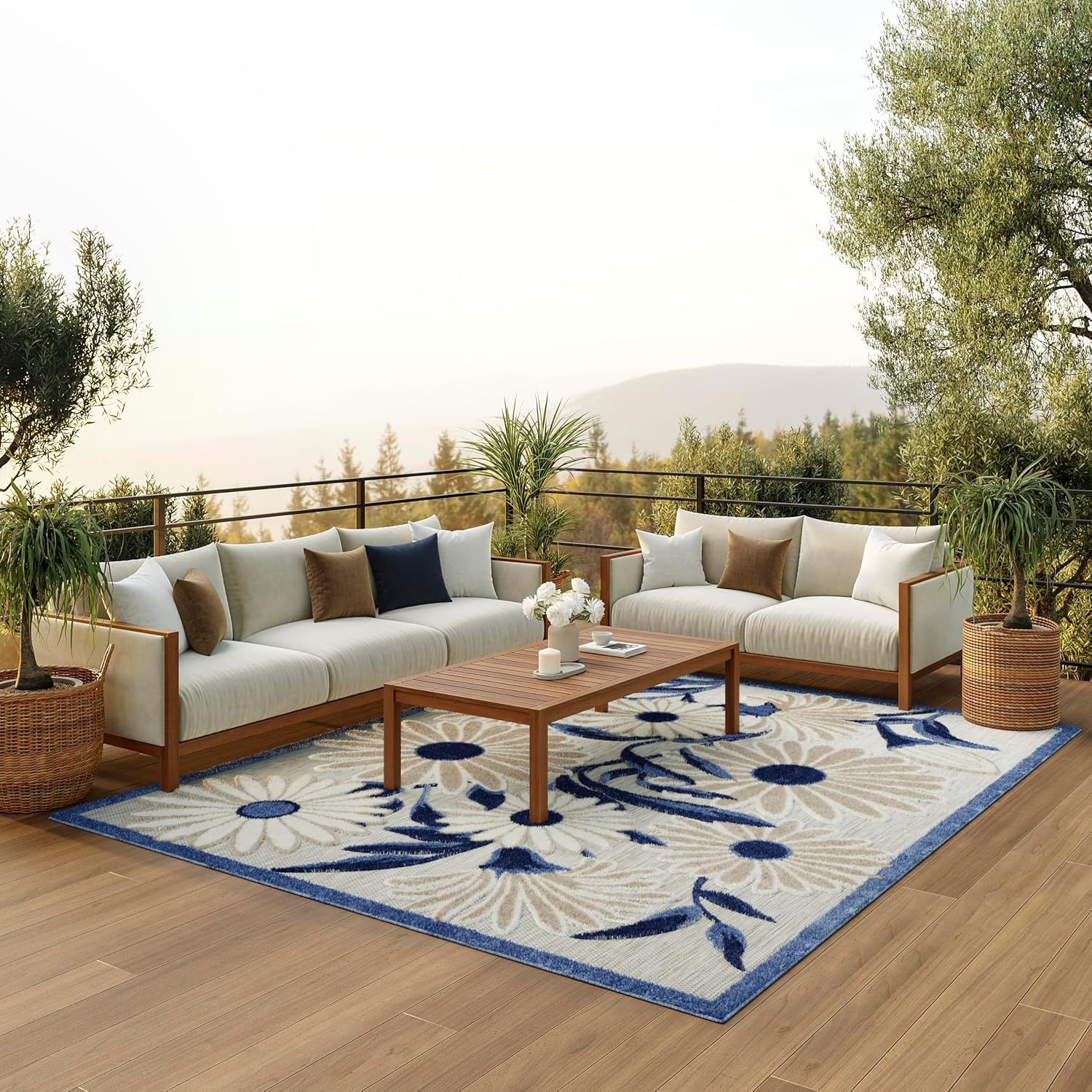 Nourison Home Aloha Blue Grey 6' x 9' Area Rug - Easy Clean, Non Shedding, Bed Room, Living Room, Dining Room, Kitchen (6' x 9')