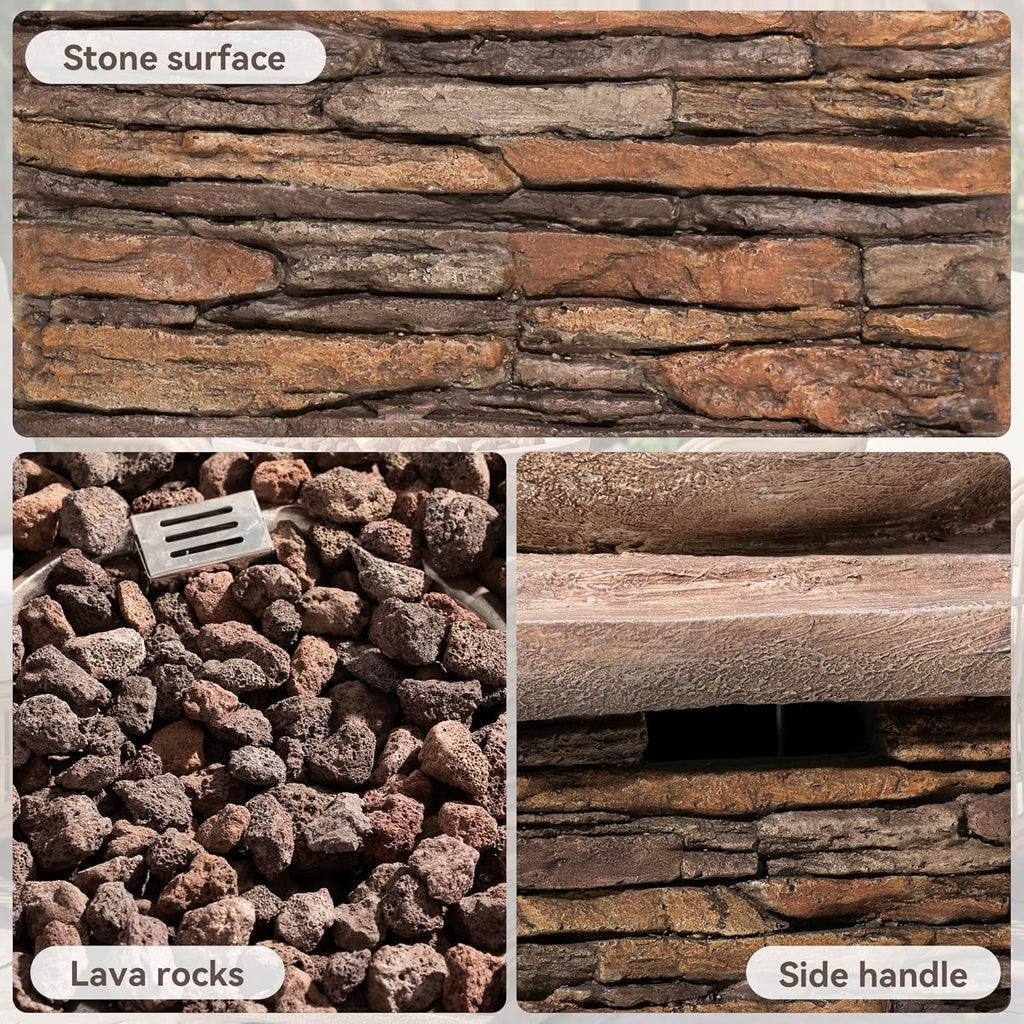 COSIEST Outdoor Propane Fire Pit Table w Faux Brown Compact Ledge Stone 20' Square Base and Faux Rose-Marble Round Bowl, Certified, 40,000 BTU, Free Lava Rocks, Fits 20lb Tank Inside, Raincover