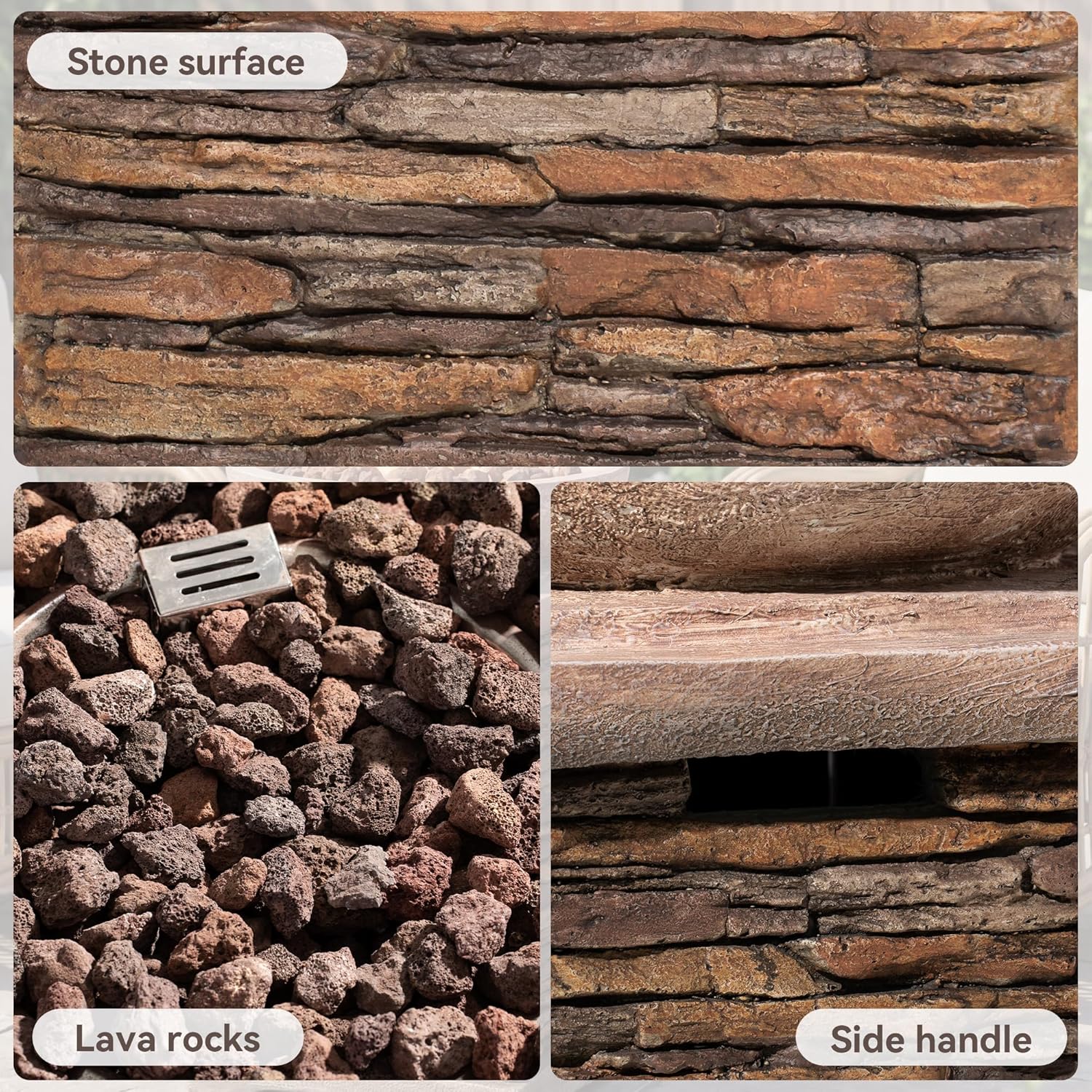 COSIEST Outdoor Propane Fire Pit Table w Faux Brown Compact Ledge Stone 20' Square Base and Faux Rose-Marble Round Bowl, Certified, 40,000 BTU, Free Lava Rocks, Fits 20lb Tank Inside, Raincover