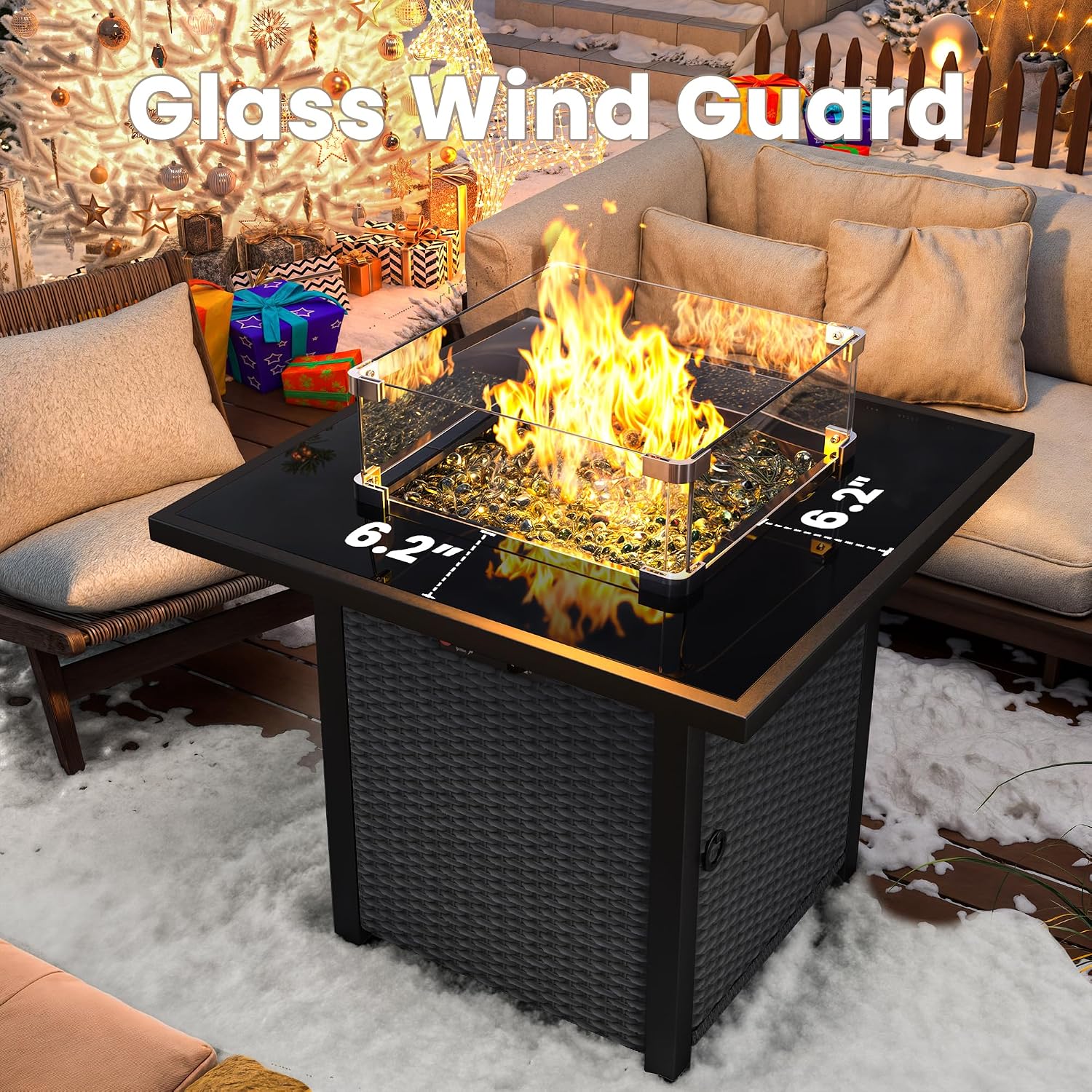 Propane Fire Pit Table, Outdoor Fire Pit Table, 28' Rattan Square Outdoor Gas FirePit with Glass Wind Guard, Tempered Glass Tabletop, Lid, CSA Listed, 50,000 BTU, Outside Patio Deck & Garden, Black