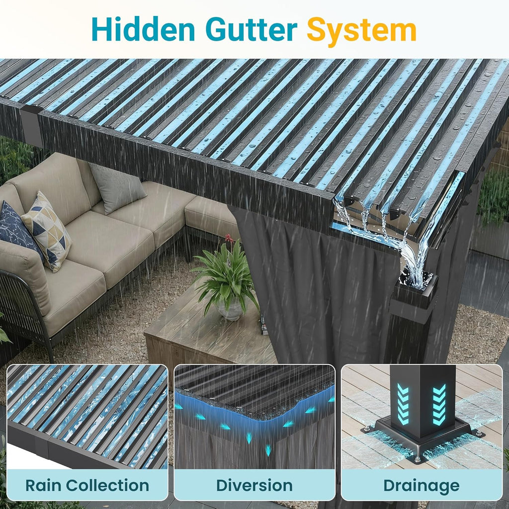 12' x 16' Louvered Pergola, Outdoor Pergola with Curtains & Netting, Metal Patio Pergola with Adjustable Louvers Roof and Gutter System, Metal Hardtop Gazebo for Patio, Deck, Garden, Yard, Dark Gray