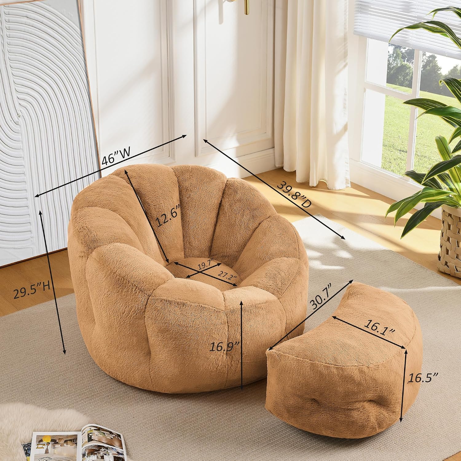 Bean Bag Chair with Ottoman, Flower Shape Bean Bag Chairs for Adults and Teens, Comfy Plush Faux Fur Bean Bags for Living Room, Bedroom, Apartment, Dorm, Brown
