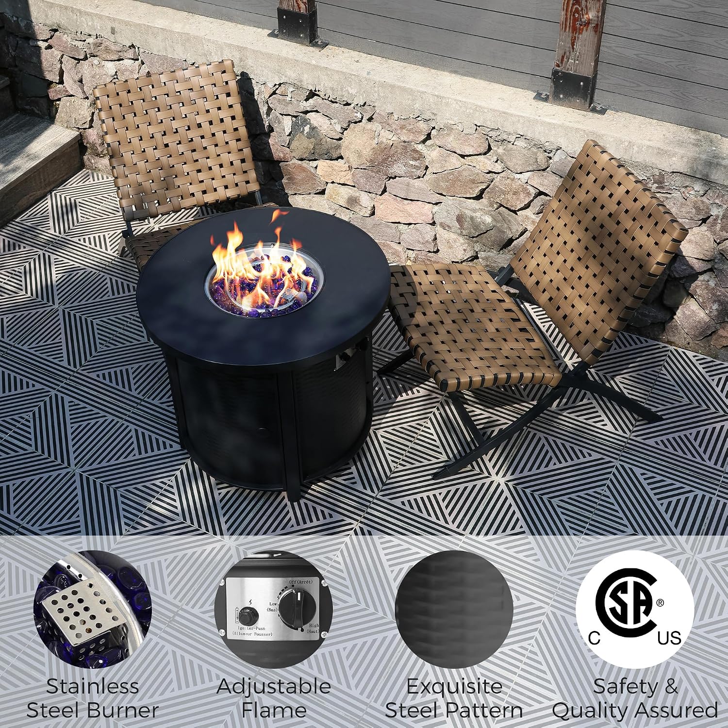30 Inch Outdoor Fire Table Round Propane Fire Pit Table 50,000 BTU Gas FirePit with Waterproof Cover, Gloves, Steel Lid and Glass Rock, CSA Certified Fire Table for Outside Patio Garden Yard
