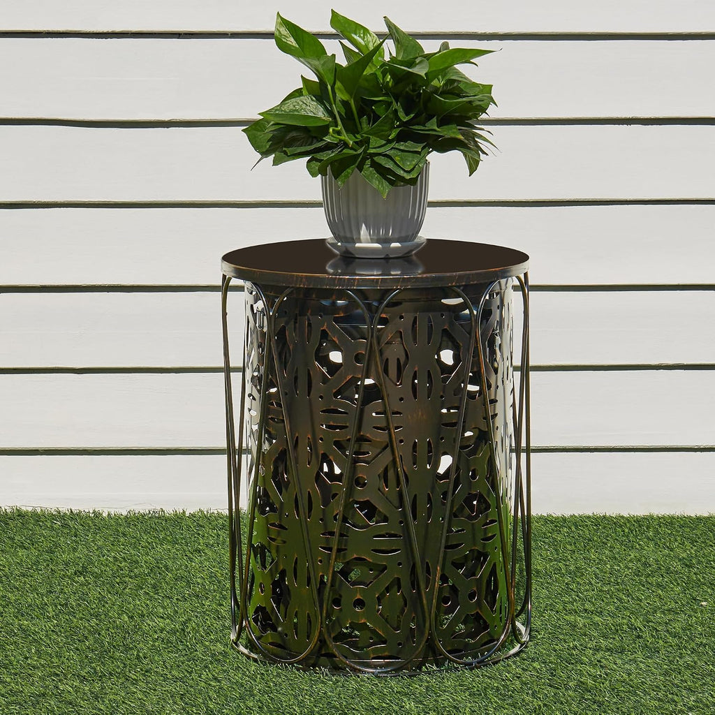 Y&M Set of 3 End Tables, Nesting Metal Round Coffee Table, Heavy Duty Metal Plant Stand Garden Stool, Outdoor Multifunctional Use Black with Bronze (Ship from US)