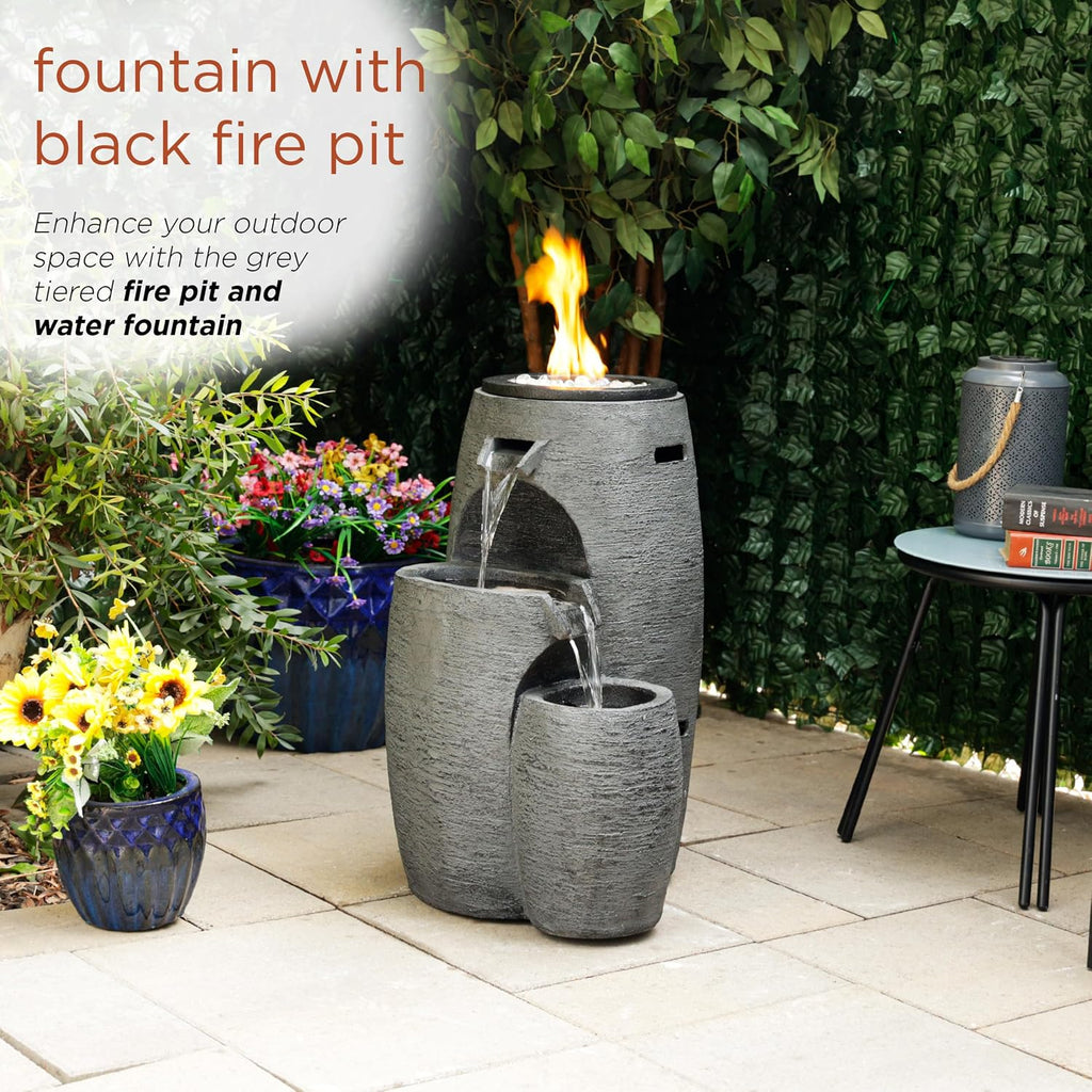 Alpine Corporation WTO120 Outdoor Cascading Look 3 Tiered Fire and Water Fountain with Adjustable Flame and LED Lights, 27' Tall, Gray