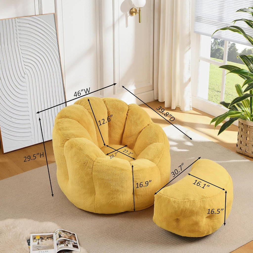 Bean Bag Chair with Ottoman, Flower Shape Bean Bag Chairs for Adults and Teens, Comfy Plush Faux Fur Bean Bags for Living Room, Bedroom, Apartment, Dorm, Yellow