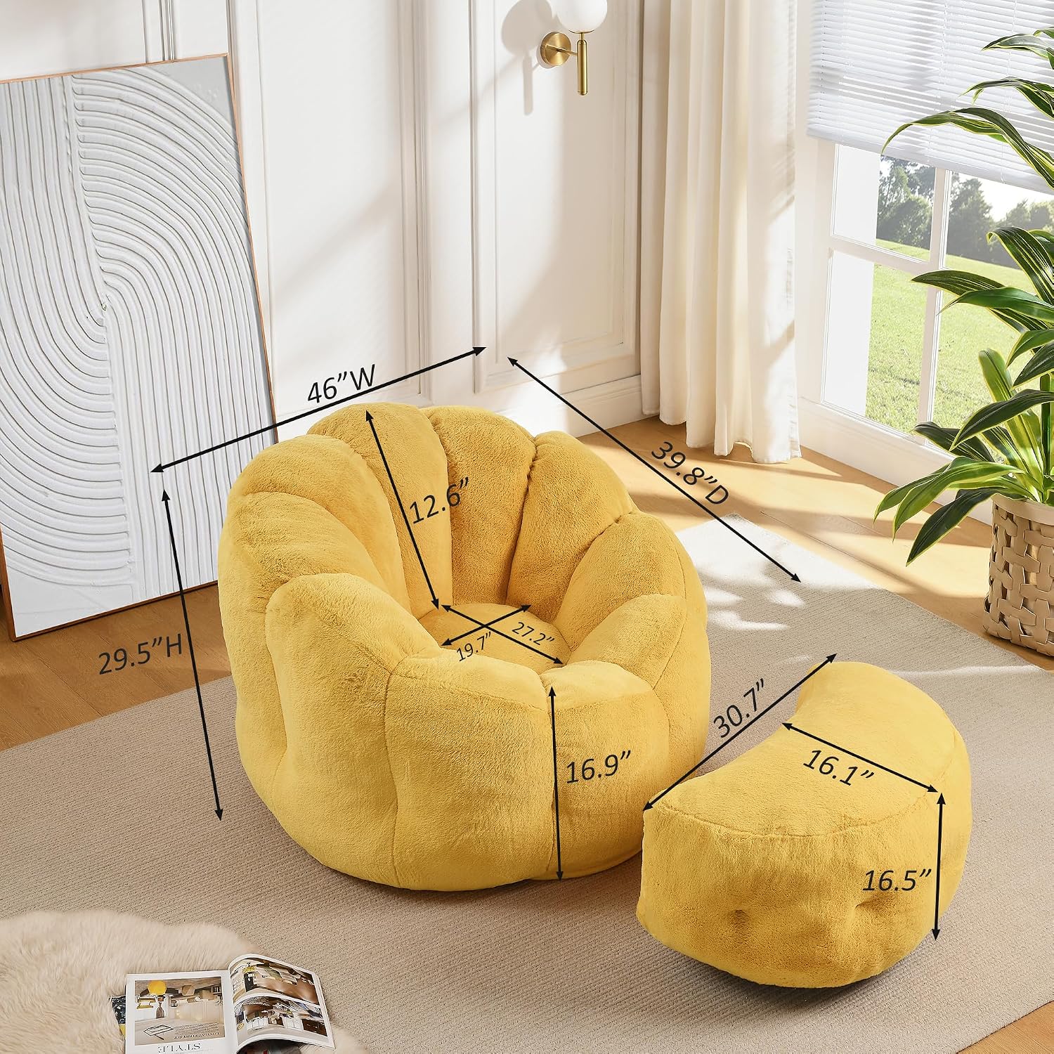 Bean Bag Chair with Ottoman, Flower Shape Bean Bag Chairs for Adults and Teens, Comfy Plush Faux Fur Bean Bags for Living Room, Bedroom, Apartment, Dorm, Yellow