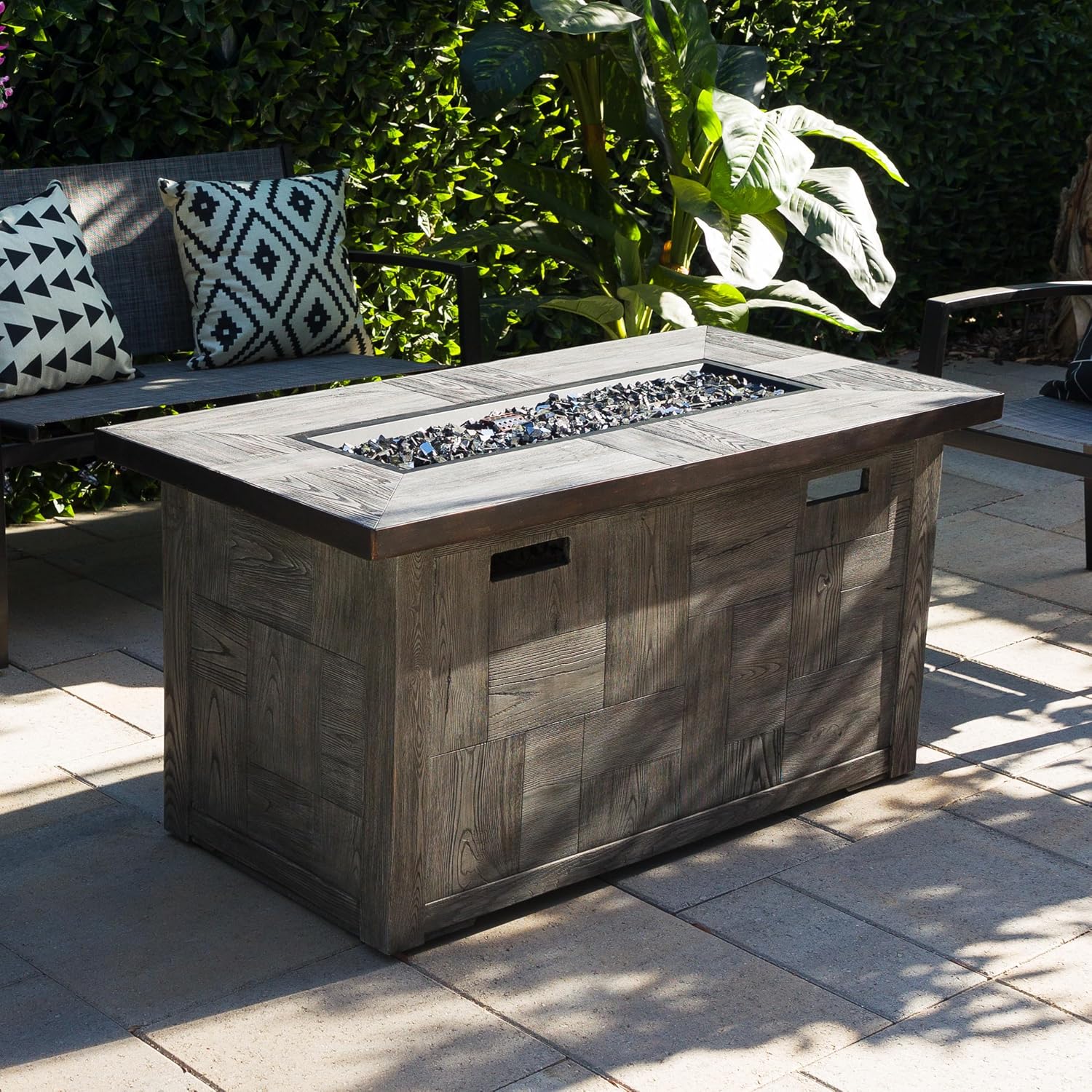 Alpine Corporation GXT974 Rectangular Wood Look Fire Pit Table with 50K BTU & Adjustable Flame, Cozy Patio Décor, 24' H, Gray