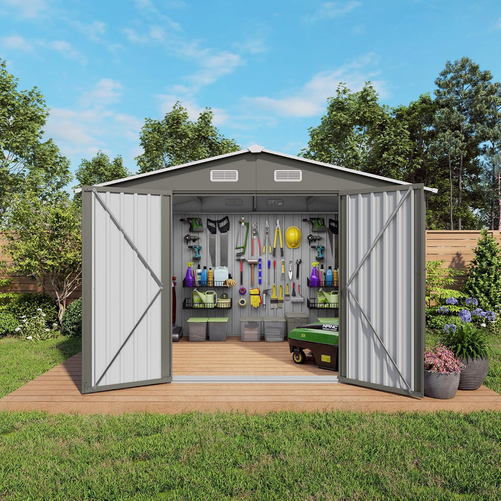 10x8 FT Outdoor Metal Storage Shed, Large Garden Backyard Tool Shed with Lockable Door, Windows and Vents, Multi-Purpose Outside Bike Storage Sheds for Patio, Lawn, Poolside, Motorcycle, Gray