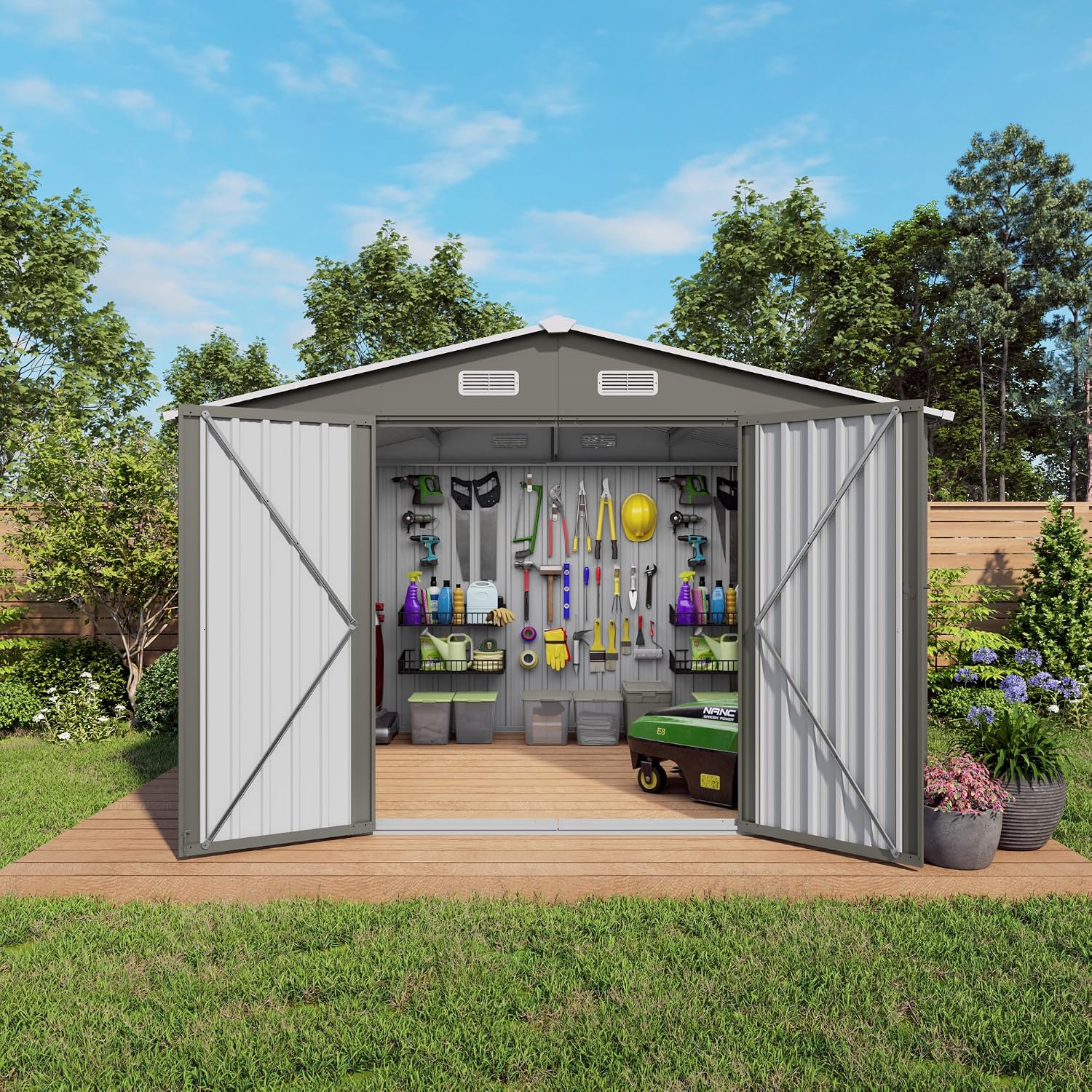 10x8 FT Outdoor Metal Storage Shed, Large Garden Backyard Tool Shed with Lockable Door, Windows and Vents, Multi-Purpose Outside Bike Storage Sheds for Patio, Lawn, Poolside, Motorcycle, Gray