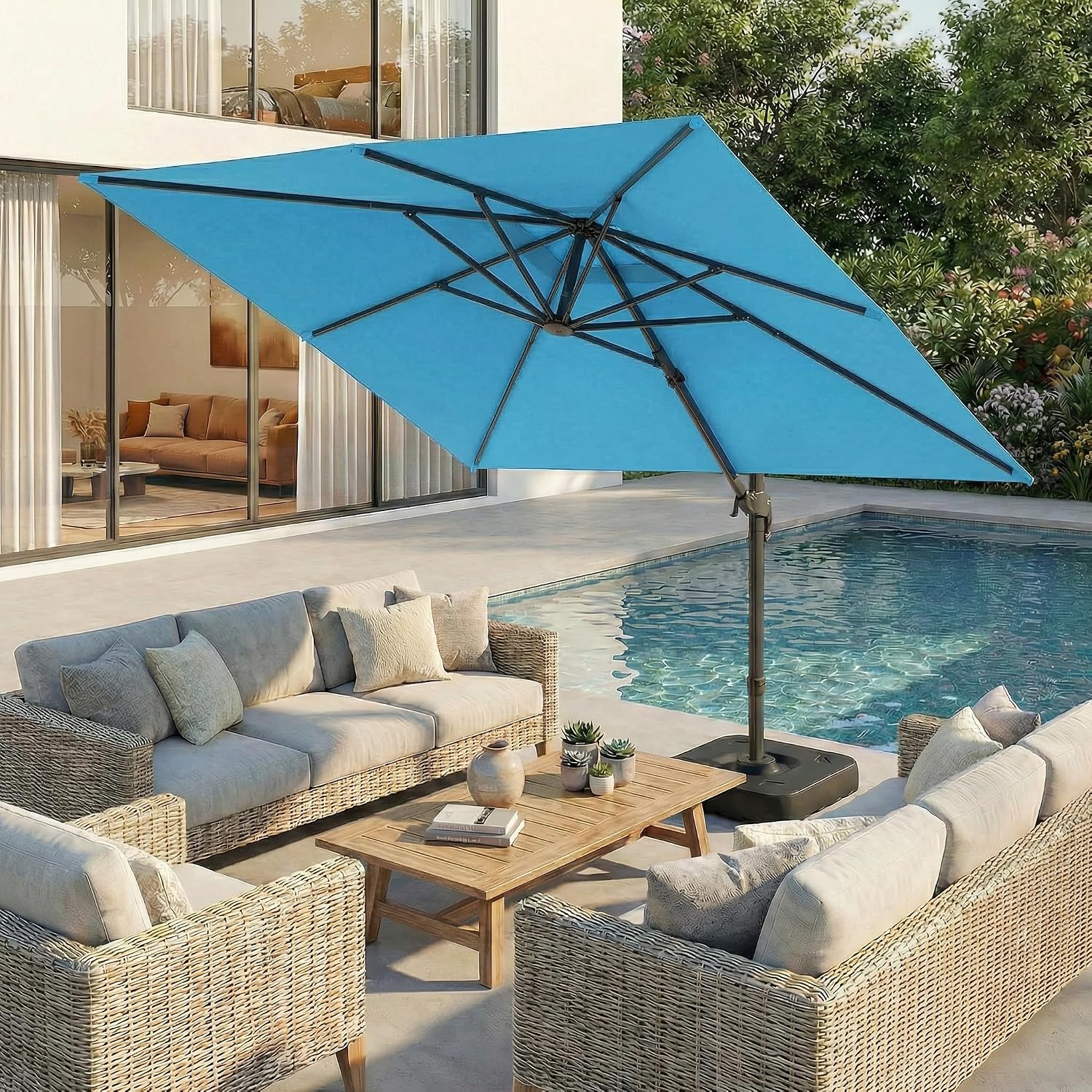 Hoteel 10ft Patio Umbrella Heavy Duty Aluminum Windproof & Shade Provision Outdoor Cantilever Square Offset Large Umbrella Height Adjustable with 360°Rotation for Patio Pool Deck Gazebo, Light Blue