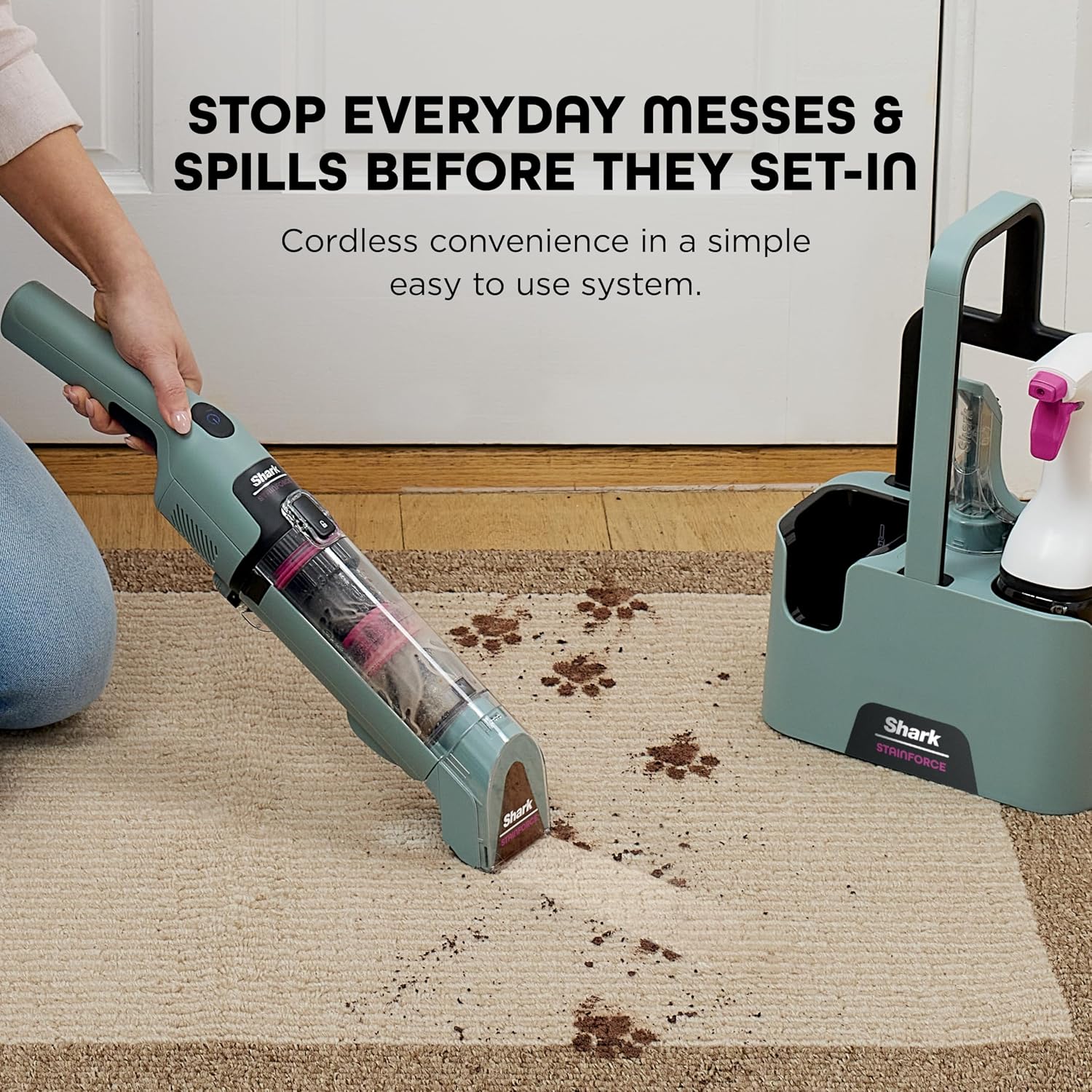 Shark StainForce Cordless Portable Spot, Stain, & Odor Remover System for Carpets, Area Rugs, Upholstery, Stairs, with Storage Caddy, Accessories, and Full-Size Cleaning Solution, Sage Green, HX101