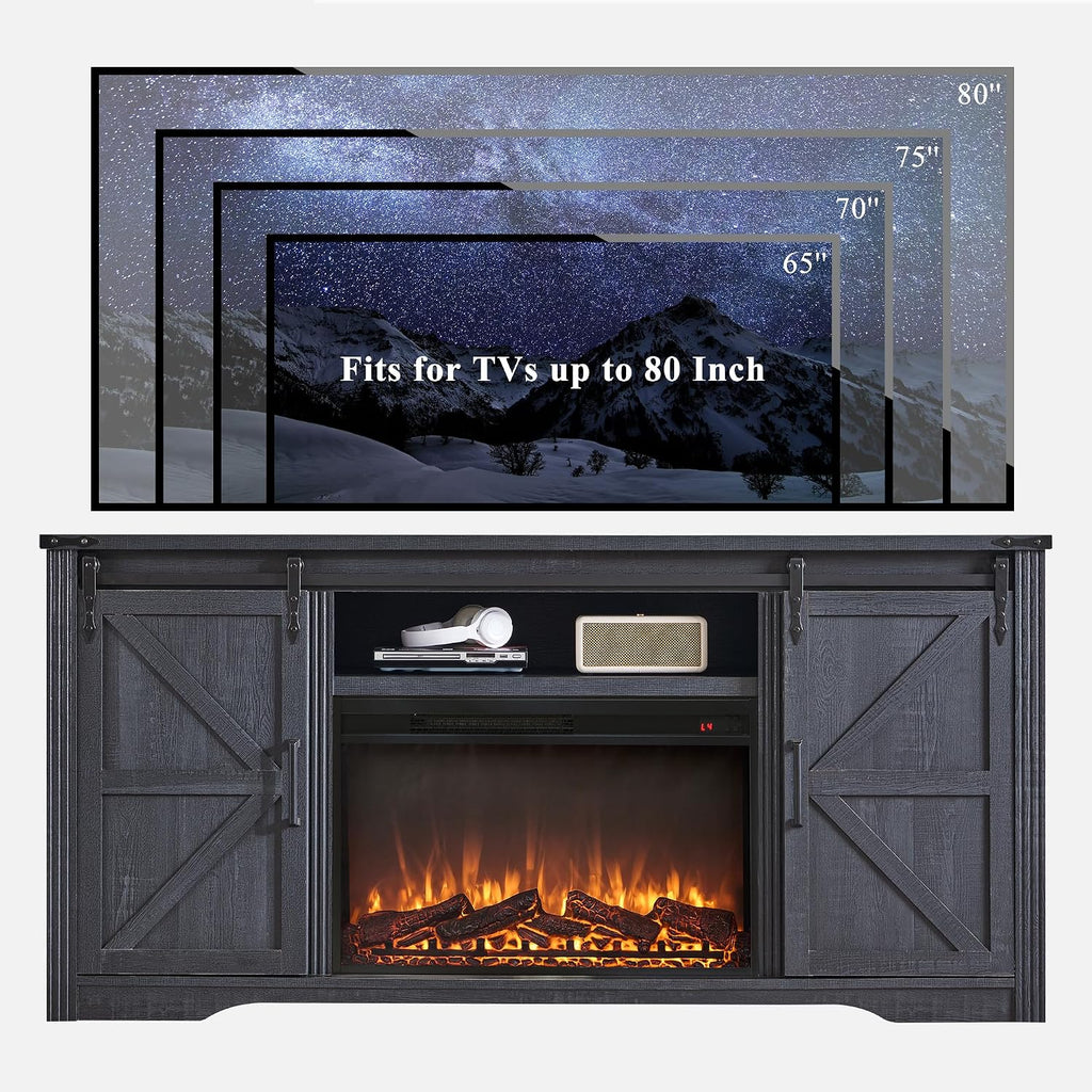 JXQTLINGMU Farmhouse Fireplace TV Stand for 80 Inch TV, 32' Tall Entertainment Center w/Drawer & Sliding Barn Door, 70 Inch Highboy Media Console for Living Room, Black
