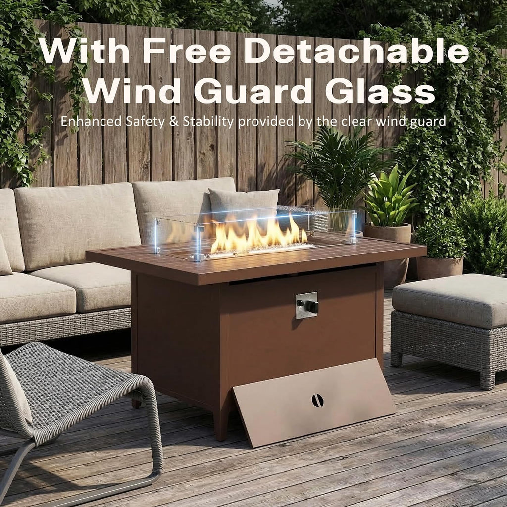 43' Aluminum Propane Fire Pit Table with 55,000 BTU, Rectangle Outdoor Gas Fire Table with Glass Wind Guard, Glass Stones & Waterproof Cover, Patio Fire Table for Backyard, Deck, Garden, Brown