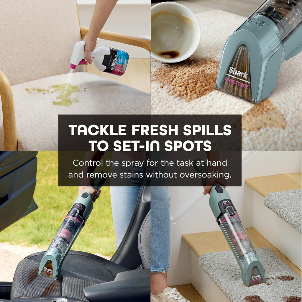 Shark StainForce Cordless Portable Spot, Stain, & Odor Remover System for Carpets, Area Rugs, Upholstery, Stairs, with Storage Caddy, Accessories, and Full-Size Cleaning Solution, Sage Green, HX101