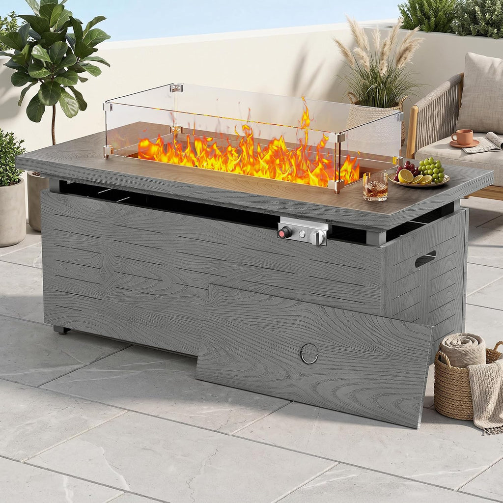 51' Propane Fire Pit Table, 50,000 BTU Outdoor Gas Fire Pit with Glass Wind Guard, Side Open Tank Storage, Wood Grain Patio Heater with Lid & Cover, Blue Fire Glass, Gray