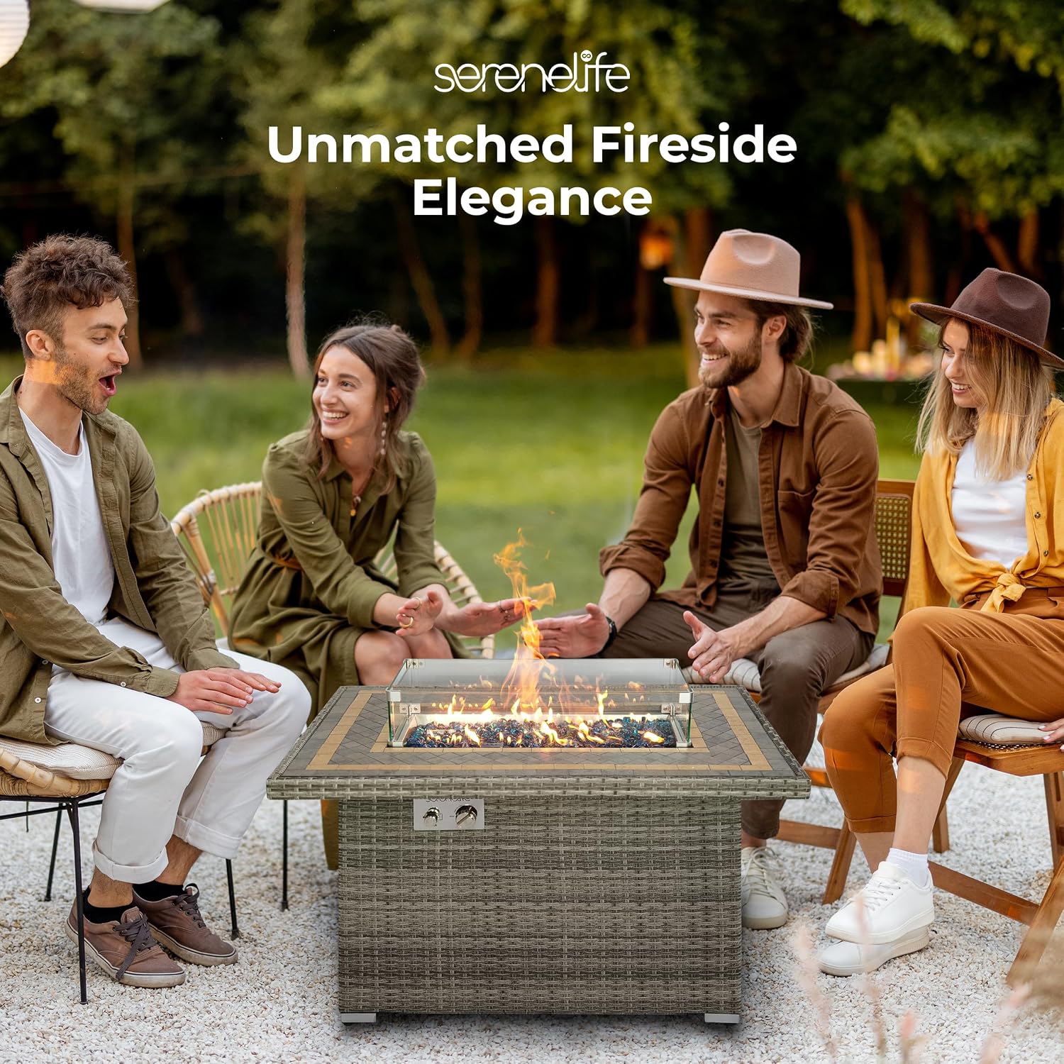 SereneLife Outdoor Propane Fire Pit Table, 50,000 BTU Wicker Gas Firepit with Tile Tabletop, with Glass Wind Guard and Decorative Glass Stones, CSA Certified, Weatherproof Cover, 43'x27'x25'