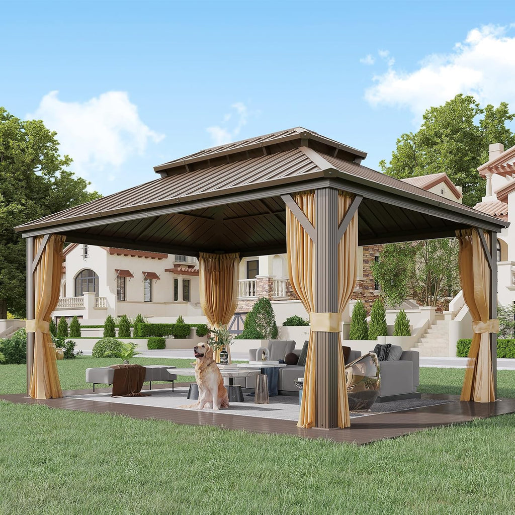 YOLENY 12' x 16' Gazebo Hardtop with Aluminum Frame,Galvanized Steel Double Roof Gazebos with Curtain and Netting,Outdoor Metal Pergolas for Garden, Lawn, Deck, Brown