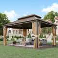 YOLENY 12' x 16' Gazebo Hardtop with Aluminum Frame,Galvanized Steel Double Roof Gazebos with Curtain and Netting,Outdoor Metal Pergolas for Garden, Lawn, Deck, Brown