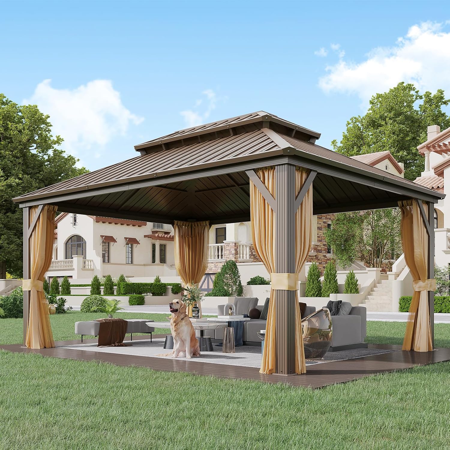 YOLENY 12' x 16' Gazebo Hardtop with Aluminum Frame,Galvanized Steel Double Roof Gazebos with Curtain and Netting,Outdoor Metal Pergolas for Garden, Lawn, Deck, Brown